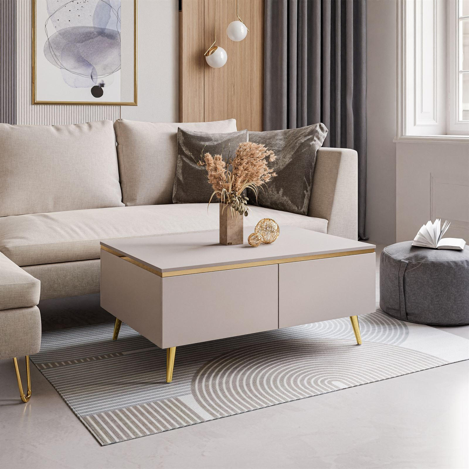 COUCHTISCH AURORA mit Staufach Kaschmir mit schräge Goldchrom Fuße - Kaschmir/Goldfarben, Holzwerkstoff/Metall (60/90/41cm) - Lookway
