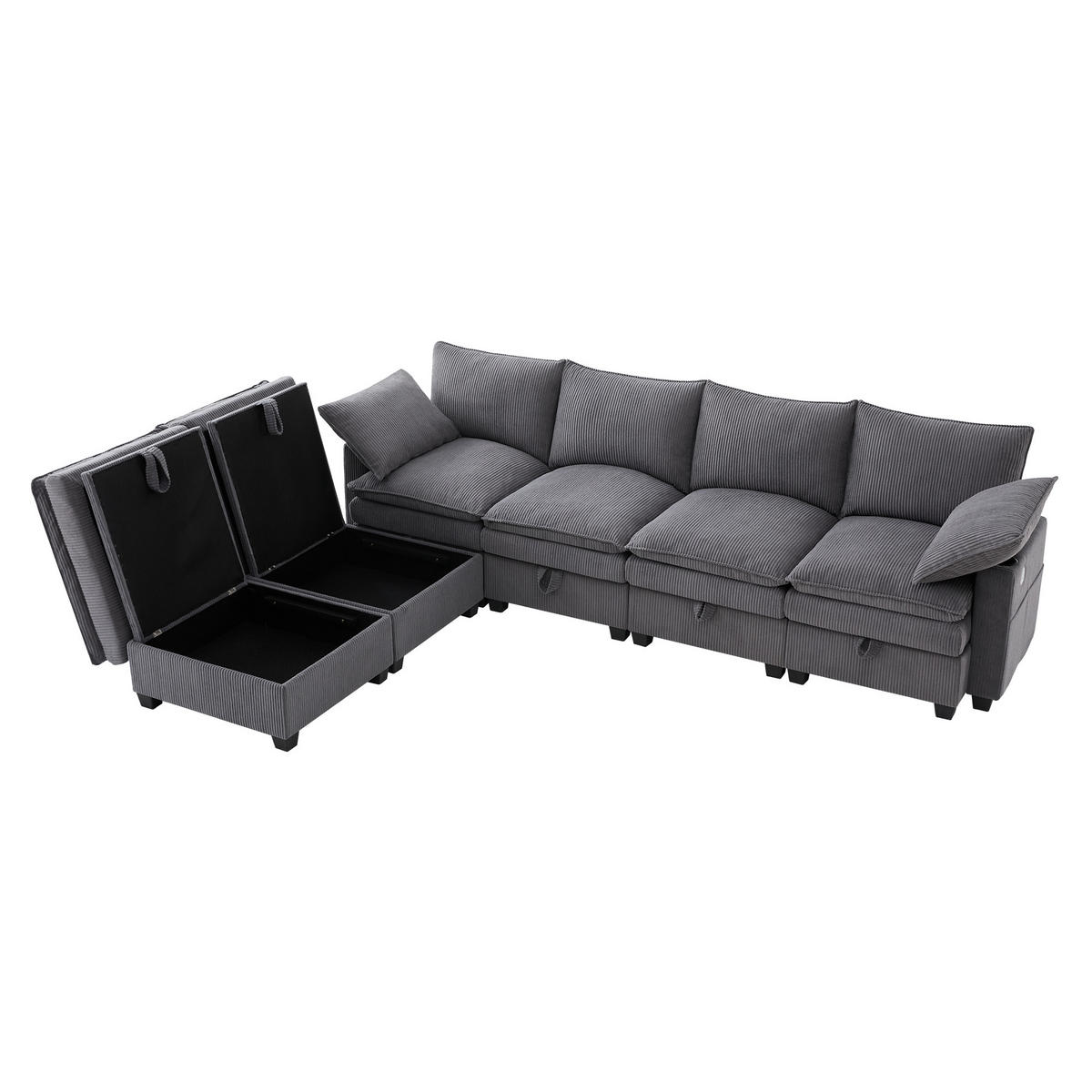 SOFA Modulares L-förmiges mit Fußhockern und USB-Anschlüssen Cord Grau 280/151/82 cm - Grau, Textil (280/151cm) - OKWISH