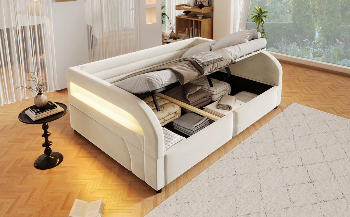 POLSTERBETT 140/200 cm in Beige mit Bettkasten, LED und Stauraum - Beige, Holzwerkstoff/Textil (140/200cm) - CHICFURN