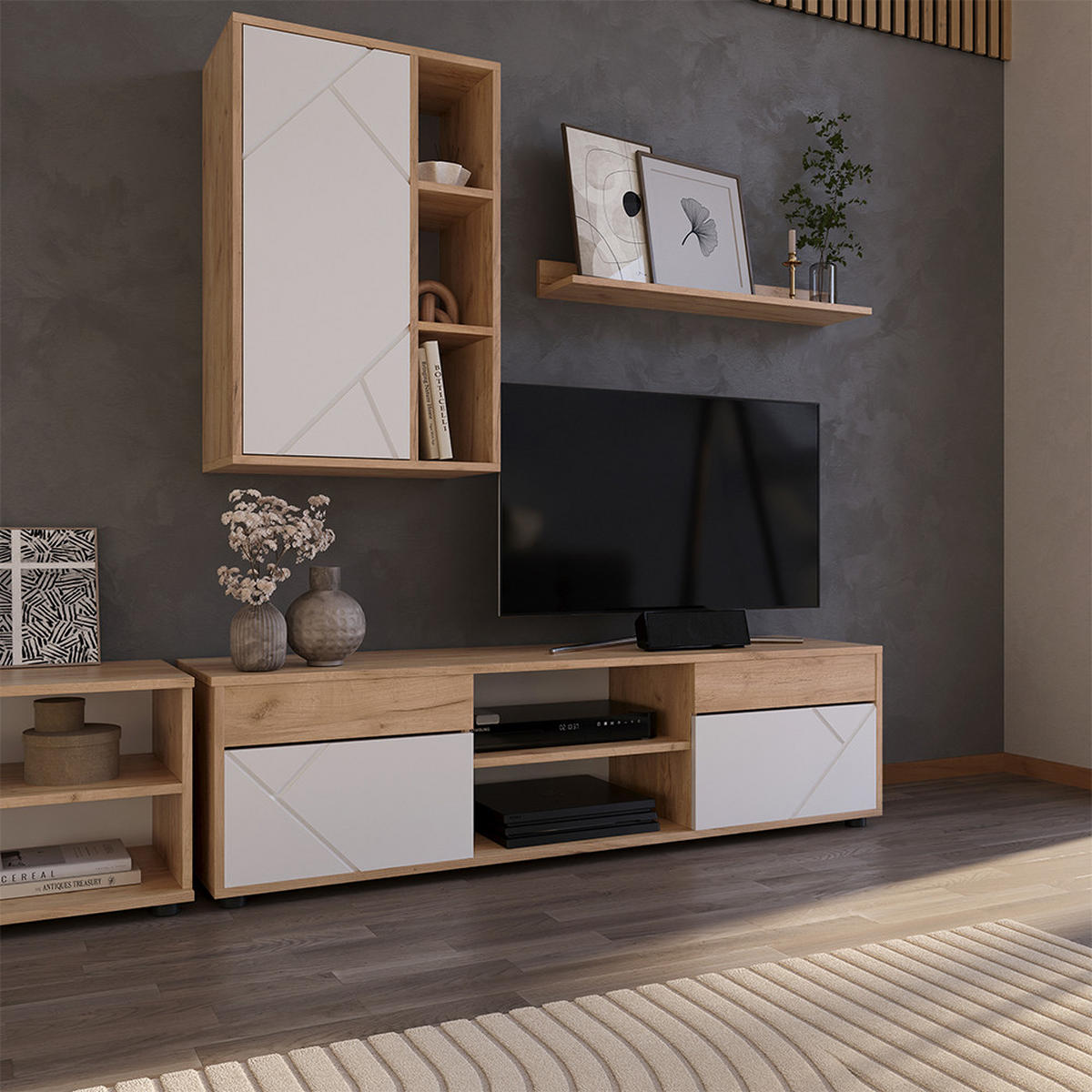 ŽIVÁ STĚNA Berno Zlatá síla dub/bílá - bílá/medově dubová, kompozitní dřevo (139.8/38.9/35.4cm) - Vicco