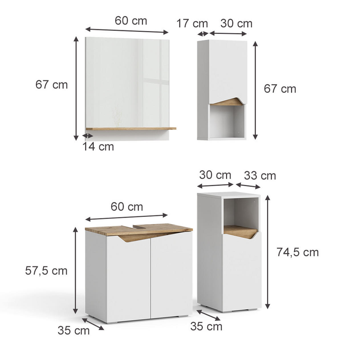 BADMÖBEL-KOMBINATION Marelle Weiß 4 Teile - Weiß/Eiche Artisan, Holzwerkstoff (60/57/35cm) - Vicco