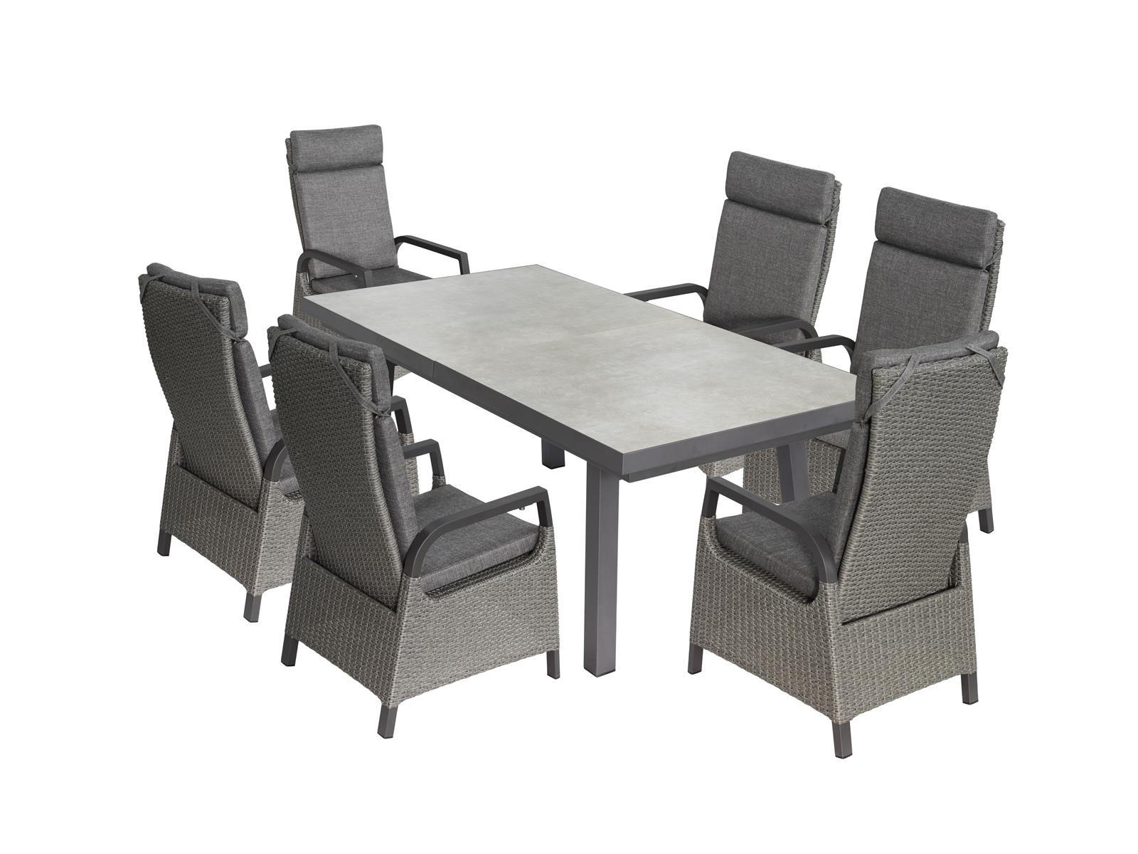 GARTENMÖBEL-SET Georgia 2 Aluminium ausziehbarer Tisch 6x Hochlehner Gartensessel - Anthrazit/Grau, Naturmaterialien - Green Spirit