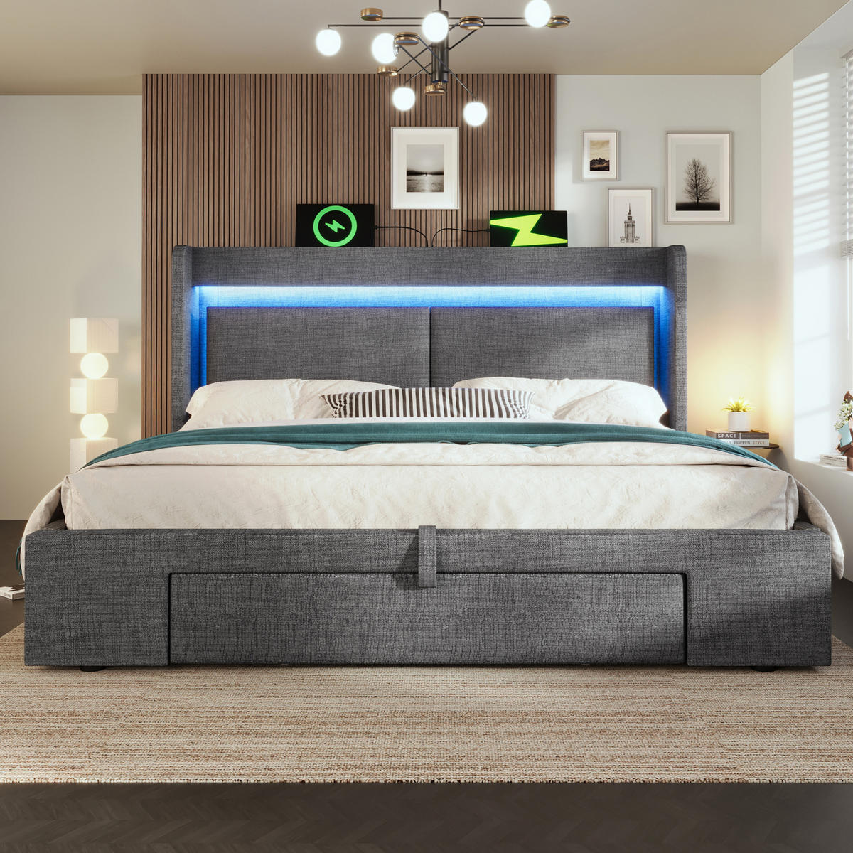 POLSTERBETT mit Bettkasten 140/200 cm grau mit LED & USB-C - Grau, Textil (140/200cm) - BEAOK
