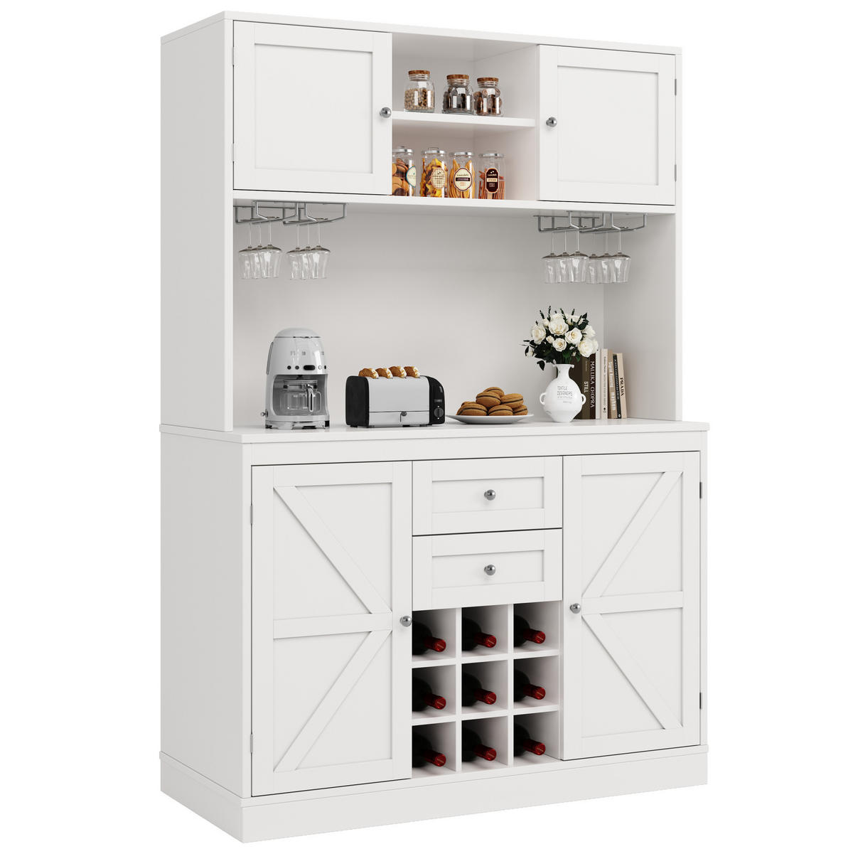 KÜCHENBUFFET/HOCHSCHRANK aus MDF in Weiß, mit Weinregal und 3D-Türen, 120/40/188 cm, Weiß - Weiß, Holzwerkstoff (120/180/40cm) - Redom