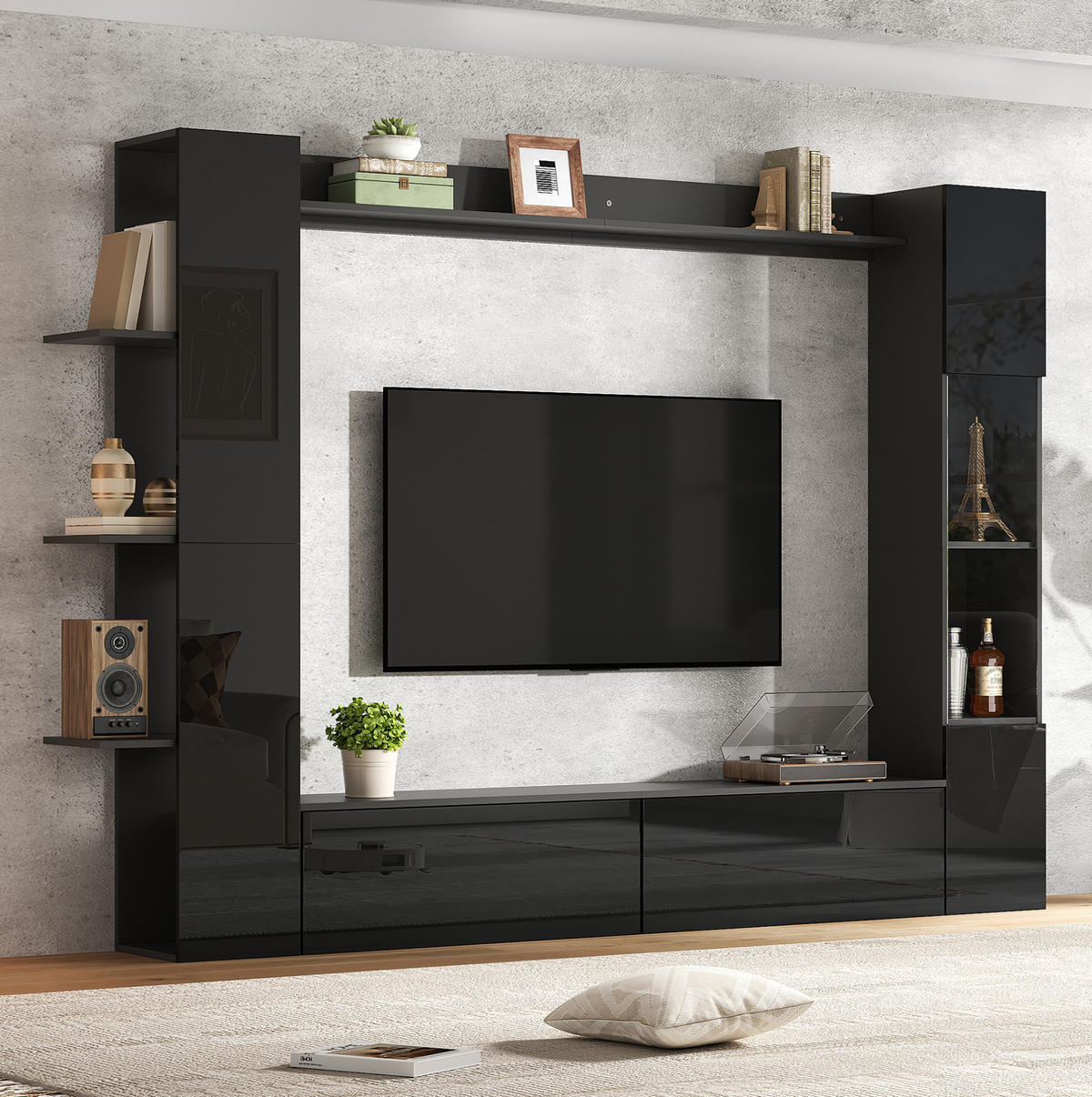 WOHNWAND mit TV-Schrank 245 x 30 x 170 cm 4-tlg. - Schwarz, Holzwerkstoff (30/170/245cm) - Beauniv