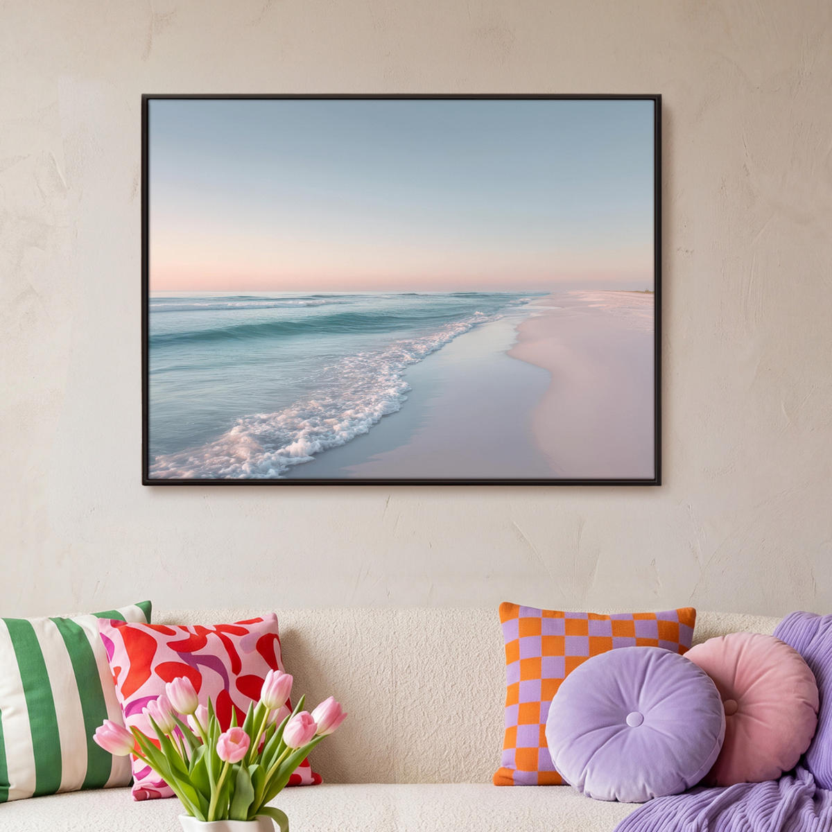 LEINWAND Bilder mit Rahmen - Küstenlinie - Pastell - Wasser - 100x70 - Pastellblau, Textil (100/70cm) - MuchoWow