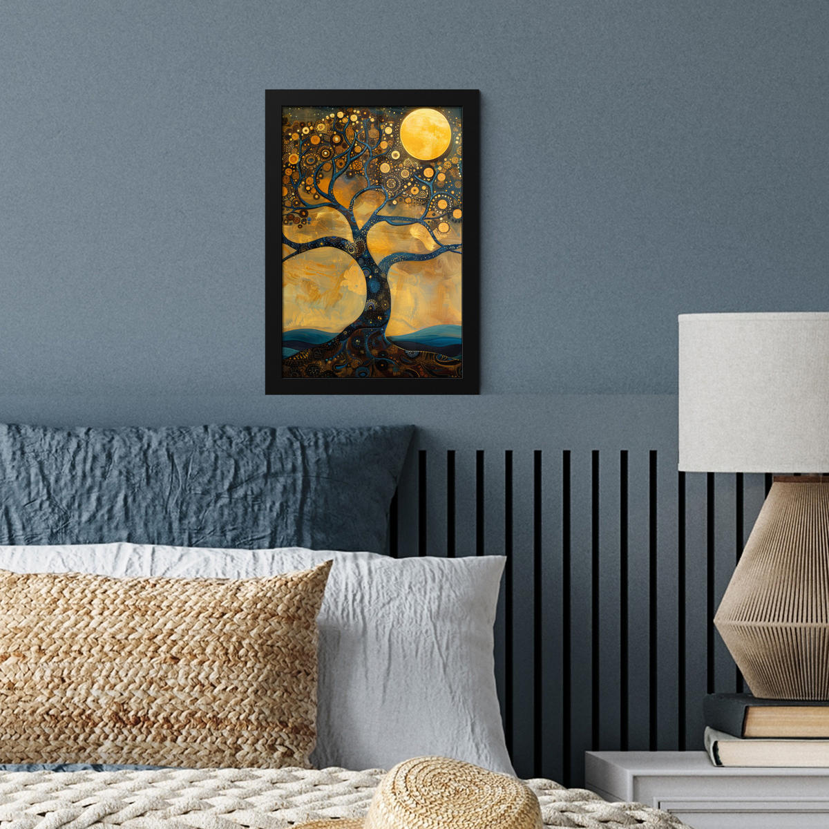 GERAHMTES BILD Baum - Mond - Blumen - Gold - Kunst 20x30 cm - Orange, Papier (20/30cm) - MuchoWow