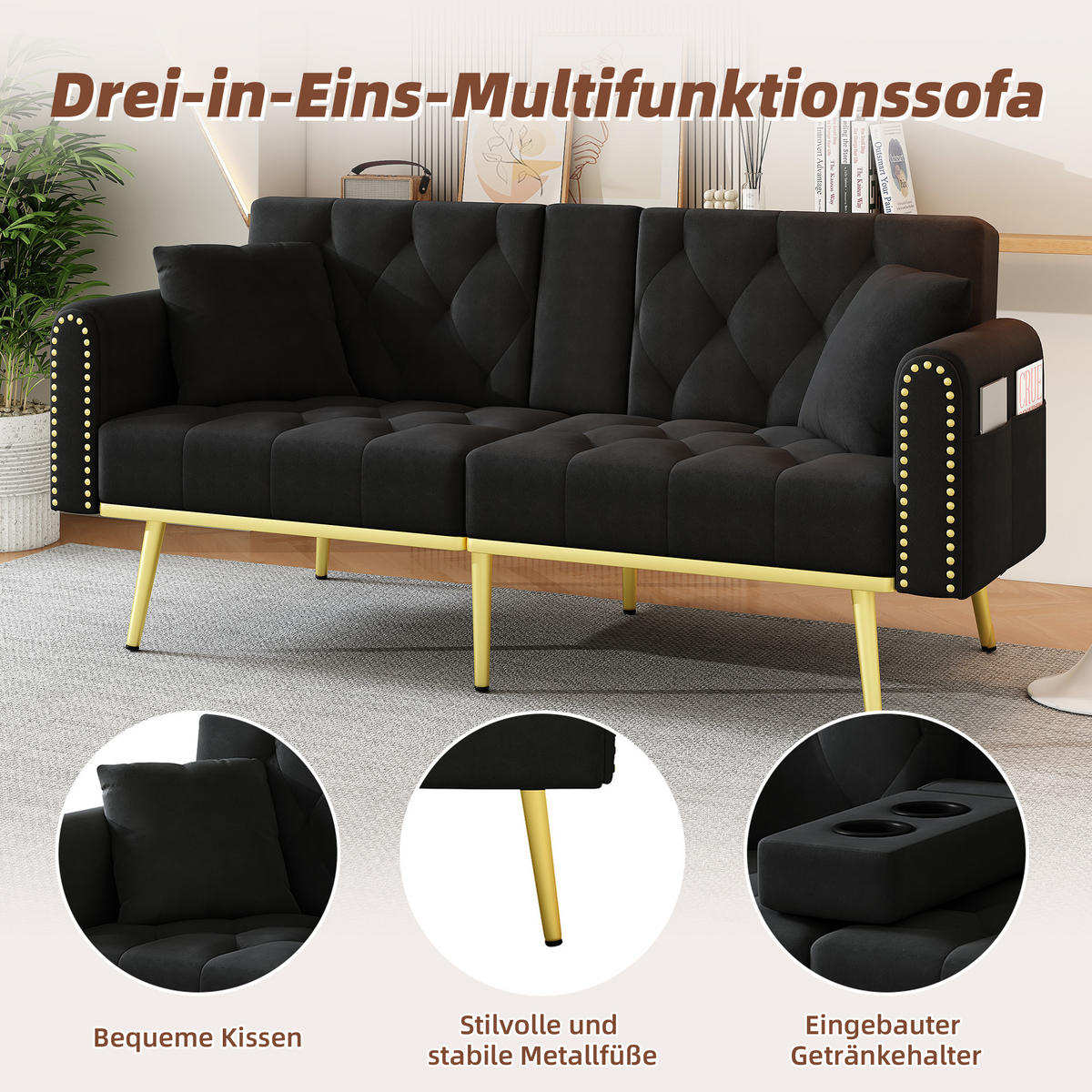 SCHLAFSOFA Samt mit verstellbarer Rückenlehne und Getränkehalter Schwarz 175/80/73,5 cm - Schwarz, Textil (73.5/175/80cm) - Redom