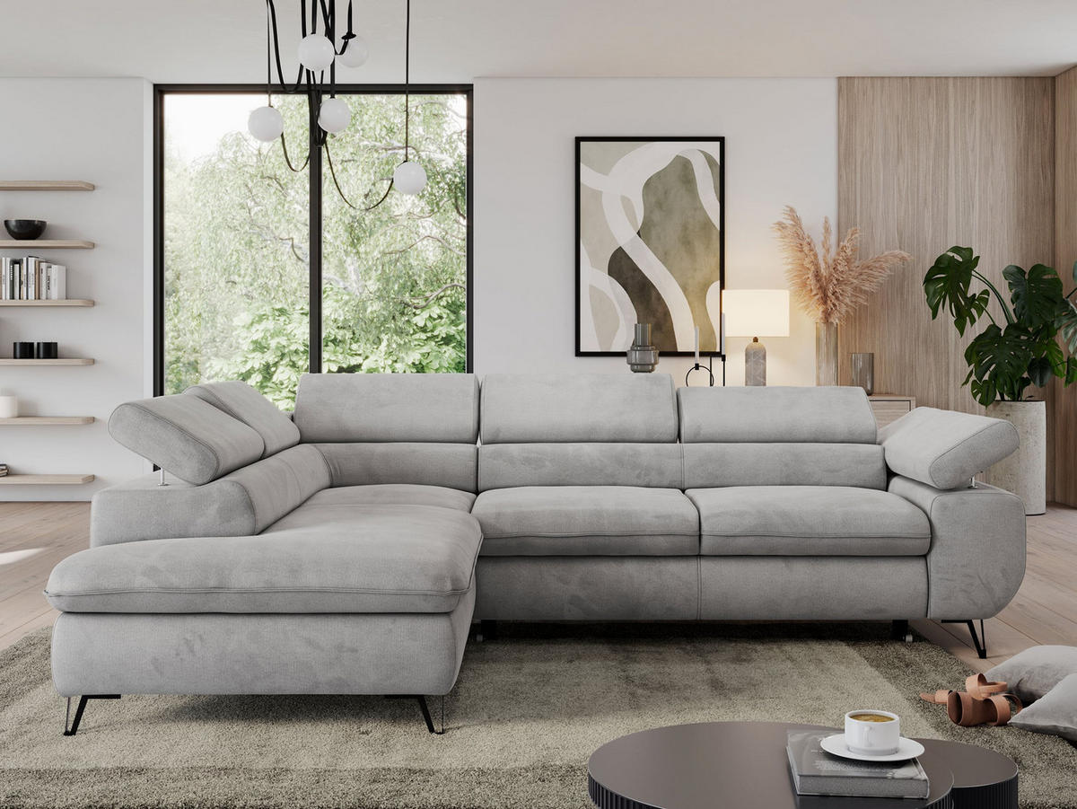 ECKSOFA PEDRO L Hellgrau Velvet - Links Seite - Hellgrau/Schwarz, Textil/Metall (208/273cm) - MKS