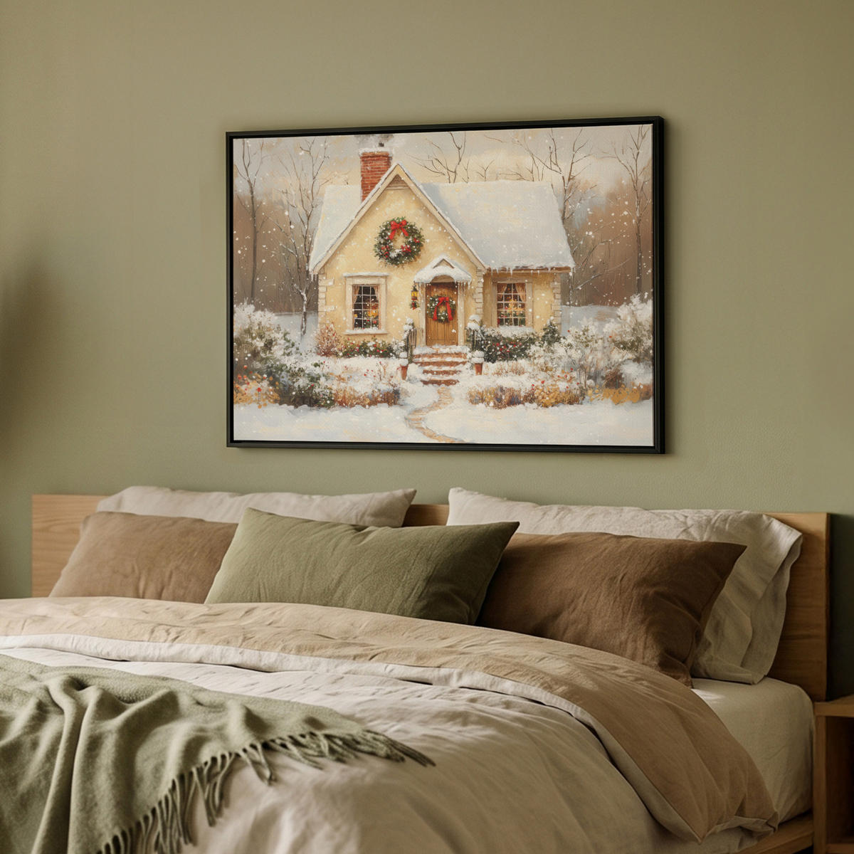 LEINWAND Bilder mit Rahmen - Weihnachten - Zuhause - Winter - Schnee - 70x50 - Creme, Textil (70/50cm) - MuchoWow