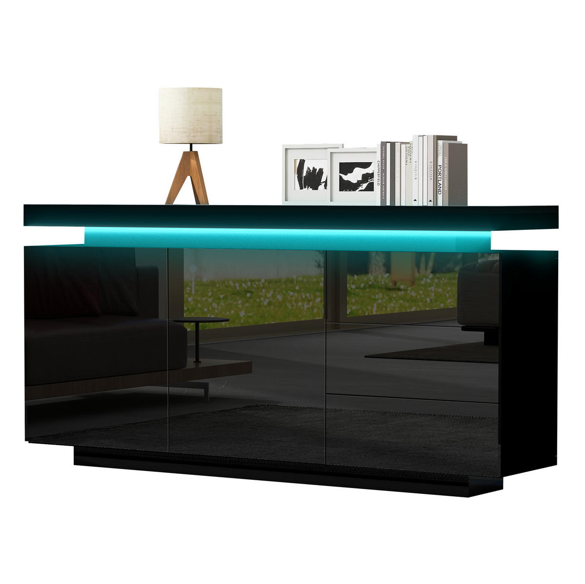 SIDEBOARD 140/35/72,5 cm aus Spanplatte mit LED-Beleuchtung und Hochglanzfront Schwarz - Schwarz, Holzwerkstoff (38/72/140cm) - Modenvie