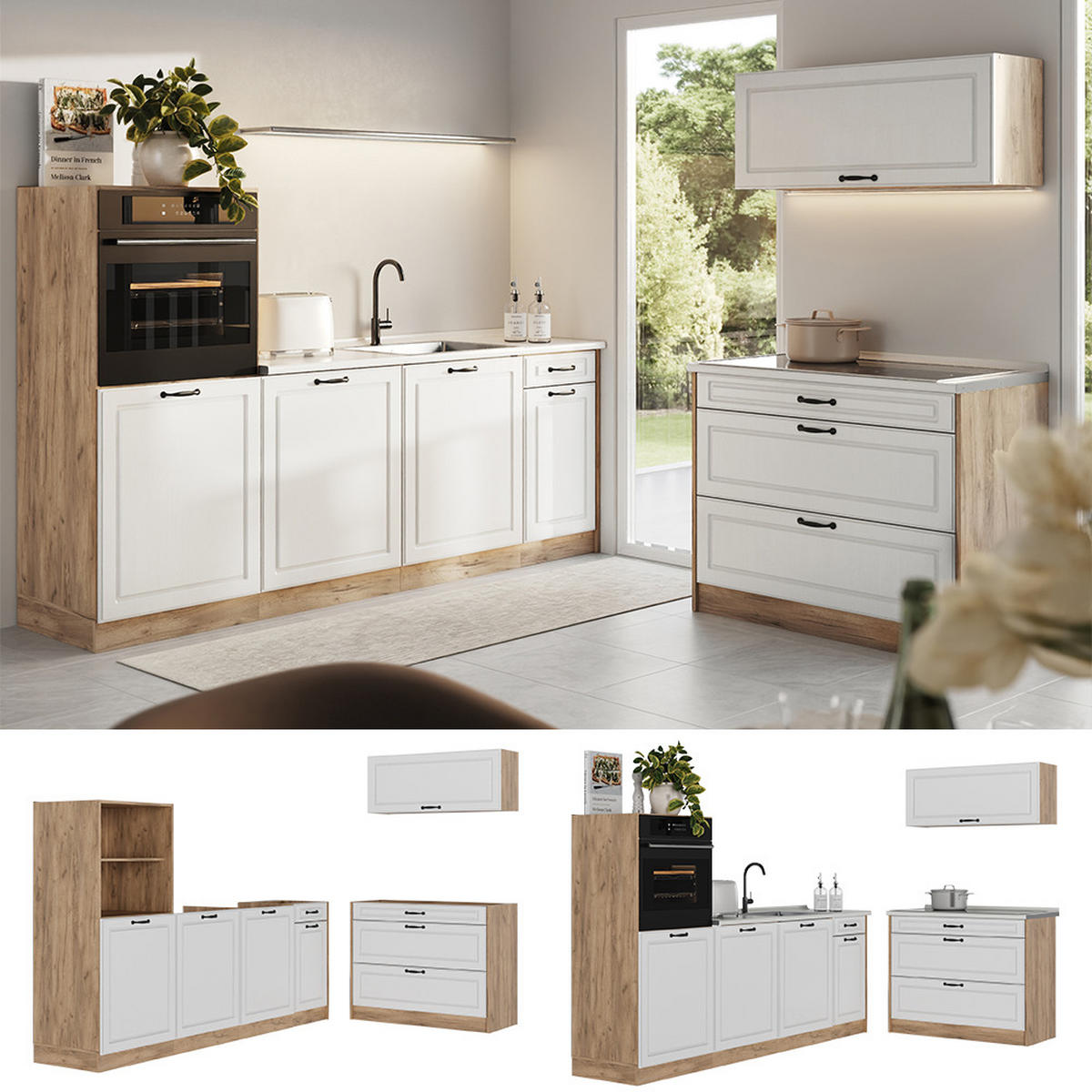 KÜCHENZEILE R-Line, Weiß Landhaus/Goldkraft Eiche, 220 cm Arbeitsplatte Anthrazit - Eichefarben/Weiß, Holzwerkstoff (220/143/60cm) - Vicco