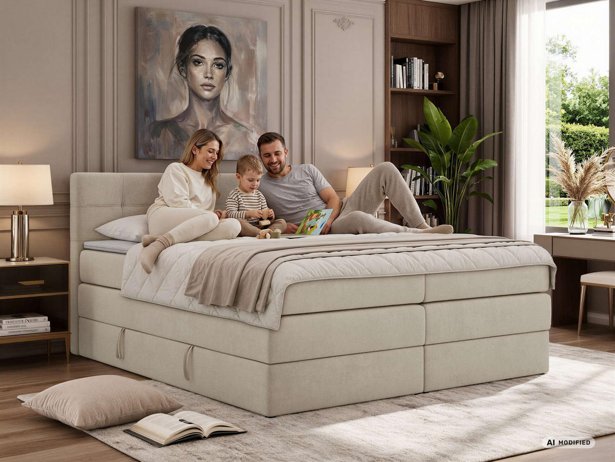 BOXSPRINGBETT SOLVEN KING 160/200 - Creme Jersey - Topper T25 - H4 - Creme/Schwarz, Kunststoff/Textil (160/200cm) - MKS