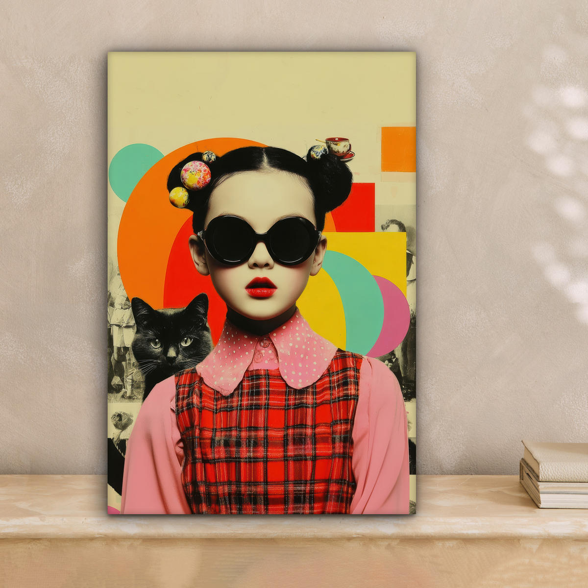 LEINWANDBILD Mädchen - Sonnenbrille - Katze - Retro Deko Wohnzimmer 20x30 cm - Beige, Textil (20/30cm) - MuchoWow