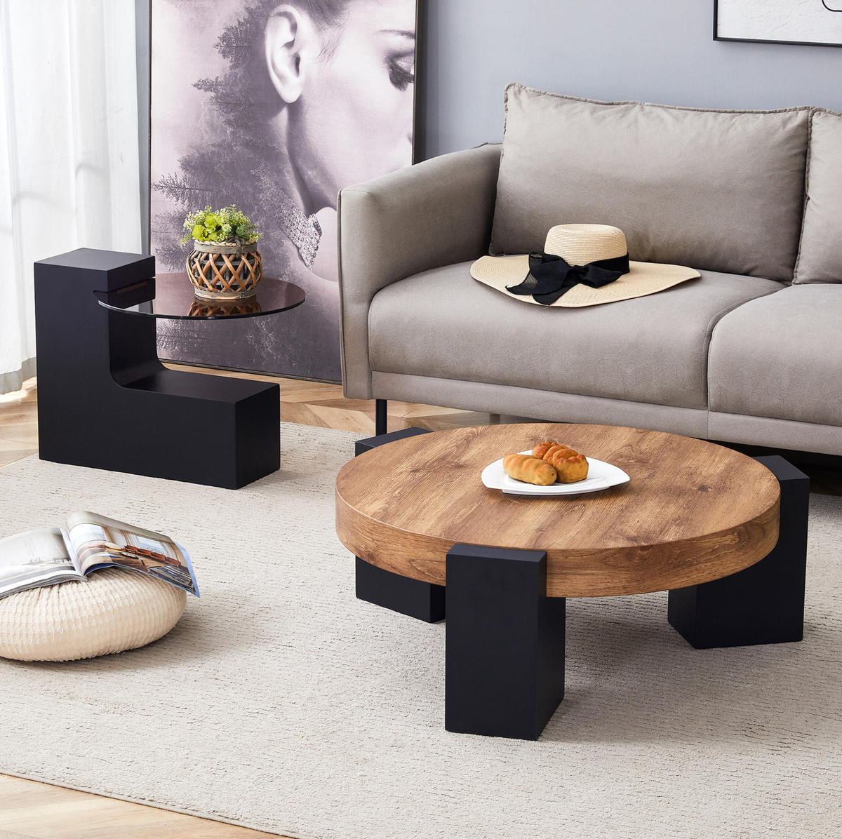COUCHTISCH-SET rund 61/30 cm & 44/44 cm aus MDF und Glas mit 2 Ebenen - Schwarz, Holzwerkstoff (61/61/30cm) - Flora Grace