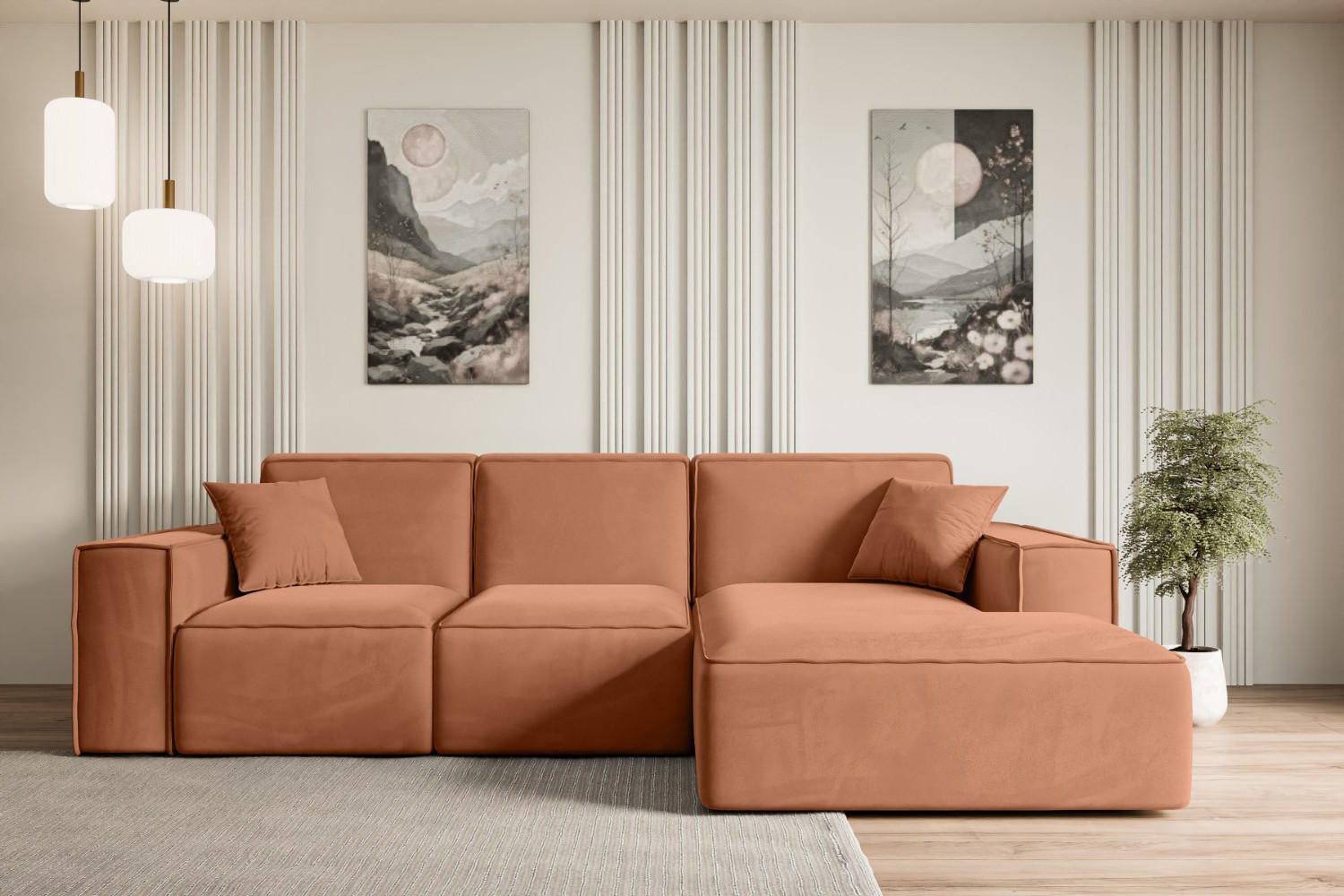 ECKSOFA Ottomane Rechts SERRA-L - 266x165x73 cm Koralle Velours - Koralle/Schwarz, Holzwerkstoff/Kunststoff (266/165cm) - ALTDECOR