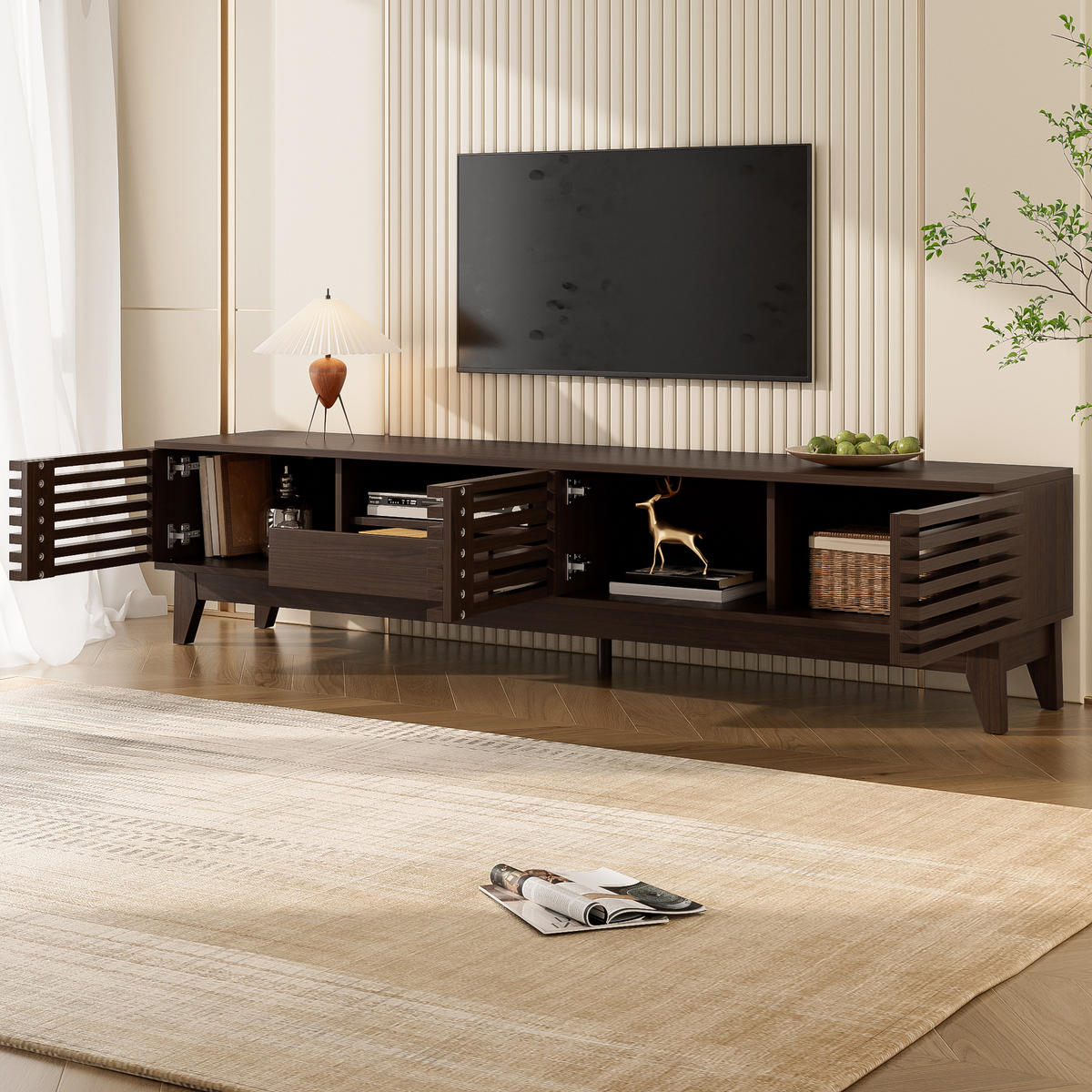 TV-LOWBOARD aus Holzwerkstoff 170x35x40 cm Natur mit 3 Türen, 1 Schublade und Kabeldurchführung im Vintage-Lamellendesign - Naturfarben, Holzwerkstoff (170/40/35cm) - Modfu