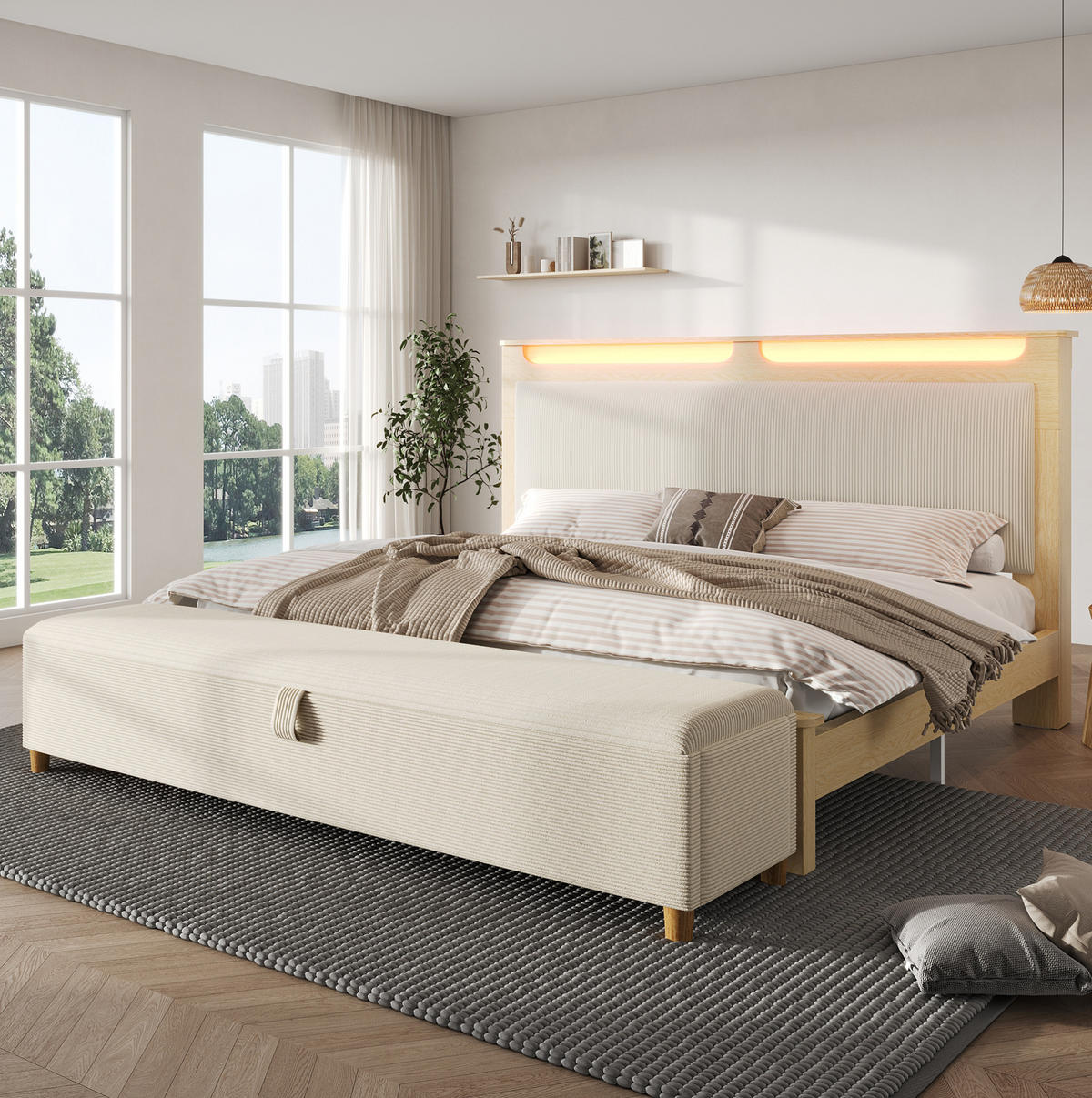 DVOJLŮŽKOVÁ postel 140/200 cm béžová z cordu a dřeva s LED osvětlením a úložnou lavicí - béžová, textil (140/200cm) - OKWISH