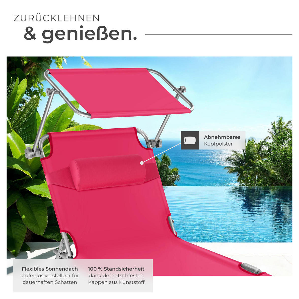 GARTENLIEGE Chloé,190 x 68 x 65 cm,pink - Pink, Kunststoff (68/65/190cm) - tectake