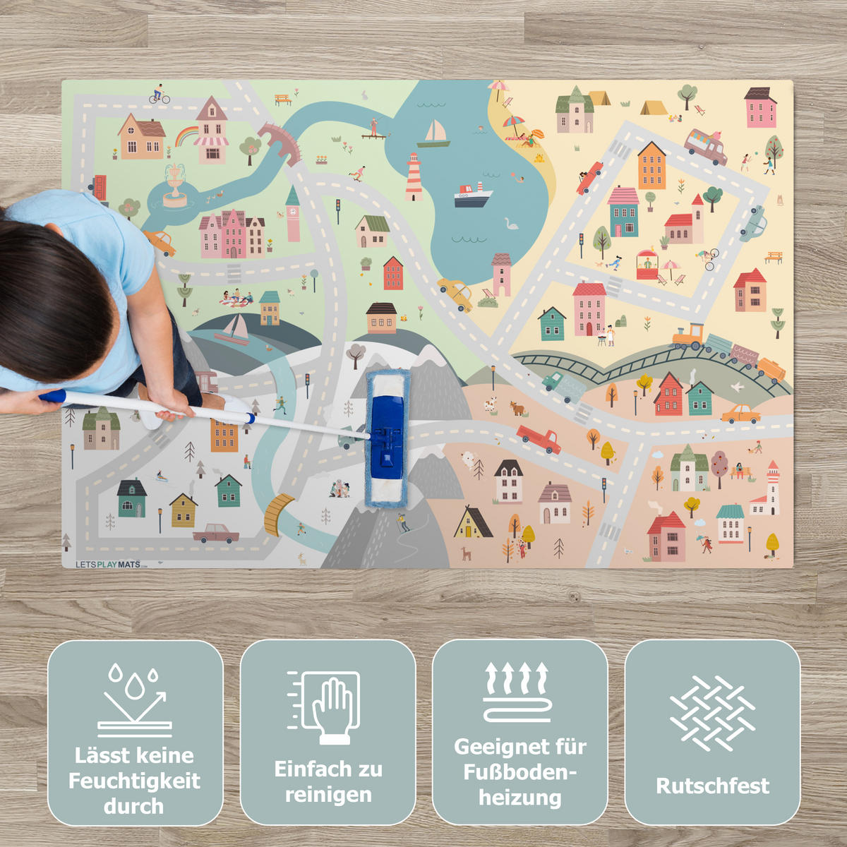 KINDERTEPPICH Jahreszeiten - Stadt - Häuser - Straße - Kinder - Auto 135x90 cm - Multicolor, Kunststoff (135/90cm) - MuchoWow