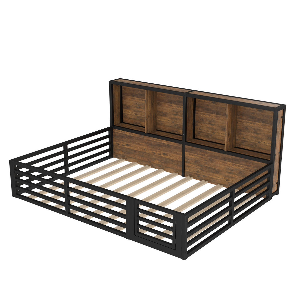 KINDERBETT 140/200 cm aus Metall und MDF mit Stauraum, Lattenrost und LED - Schwarz, Holzwerkstoff (140/200cm) - BEAOK