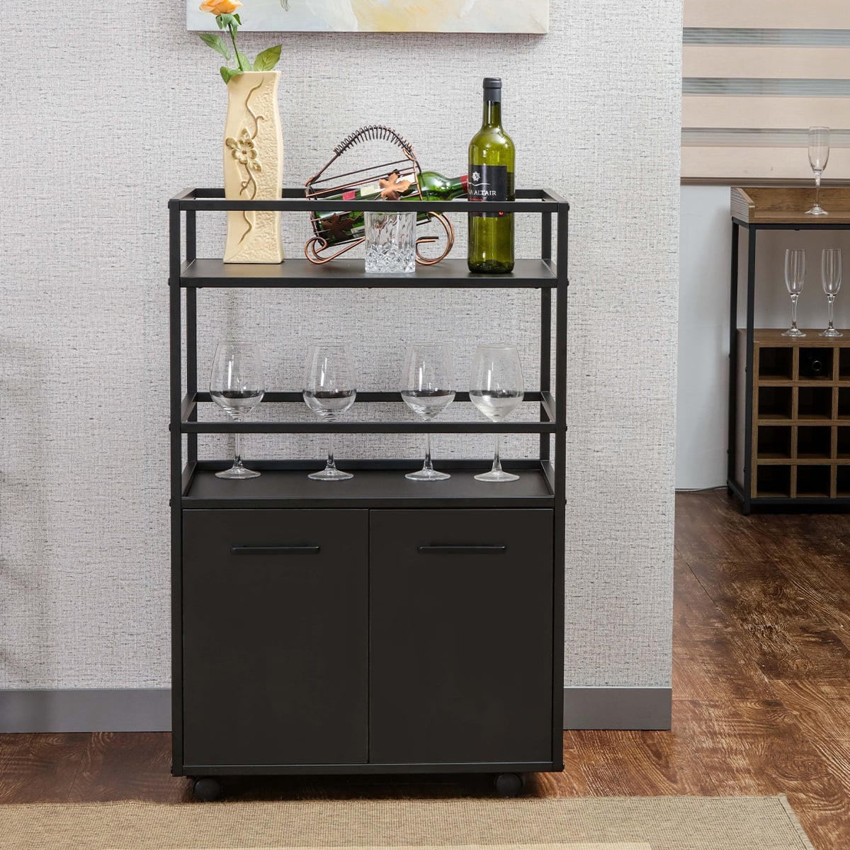 ROLLSIDEBOARD 2 Türen, 2 Ablagen und 4 Rollen B60 cm – MOSAIK - Schwarz, Holzwerkstoff (40/94/46cm) - Calicosy