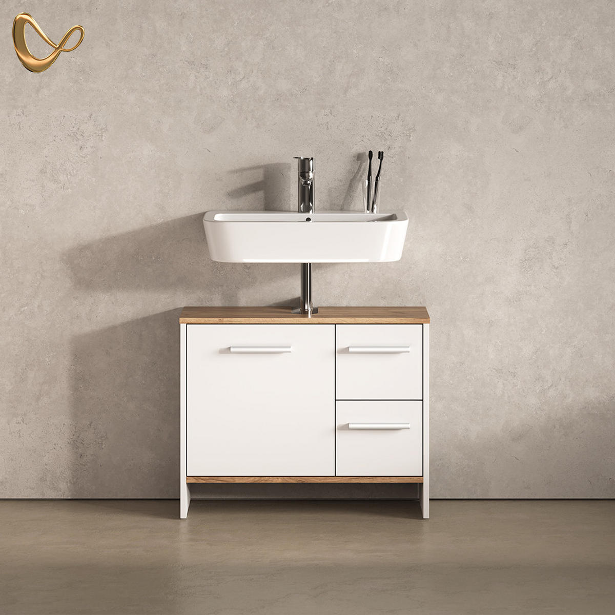 WASCHBECKENUNTERSCHRANK Amalfi Weiß/Goldkraft Eiche 70.2 x 57 cm mit 2 Schubladen und 1 Tür - Honigeiche/Weiß, Holzwerkstoff (70.2/57/27.9cm) - Livinity®