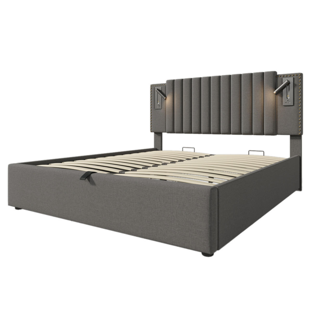 POLSTERBETT 160/200 cm mit Bettkasten, Matratze, Leselicht, USB- und USB-C-Anschlüssen, höhenverstellbarem Kopfteil, Grau - Grau, Textil (160/200cm) - Redom
