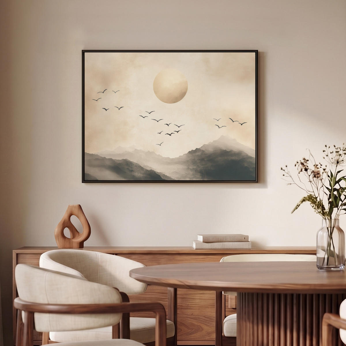 LEINWAND Bilder mit Rahmen - Landschaft - Japandi - Vogel - 70x50 - Beige, Textil (70/50cm) - MuchoWow