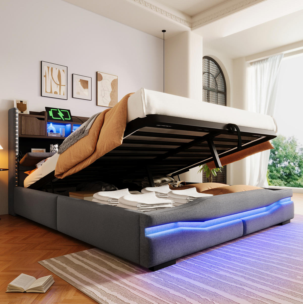 POLSTERBETT 160/200 cm mit LED-Beleuchtung, USB-C/USB-Anschluss, hydraulischem Bettkasten und Stauraum-Kopfteil, Grau - Grau, Textil (160/200cm) - Redom