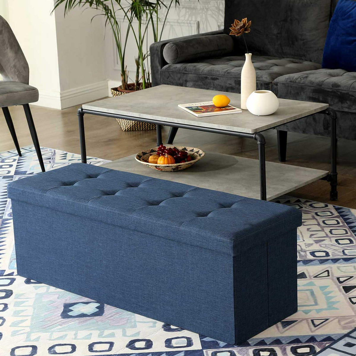 SITZTRUHE SITZBANK INDUSTRIE-DESIGN - Blau, Holzwerkstoff (38/38/110cm) - Hansiro