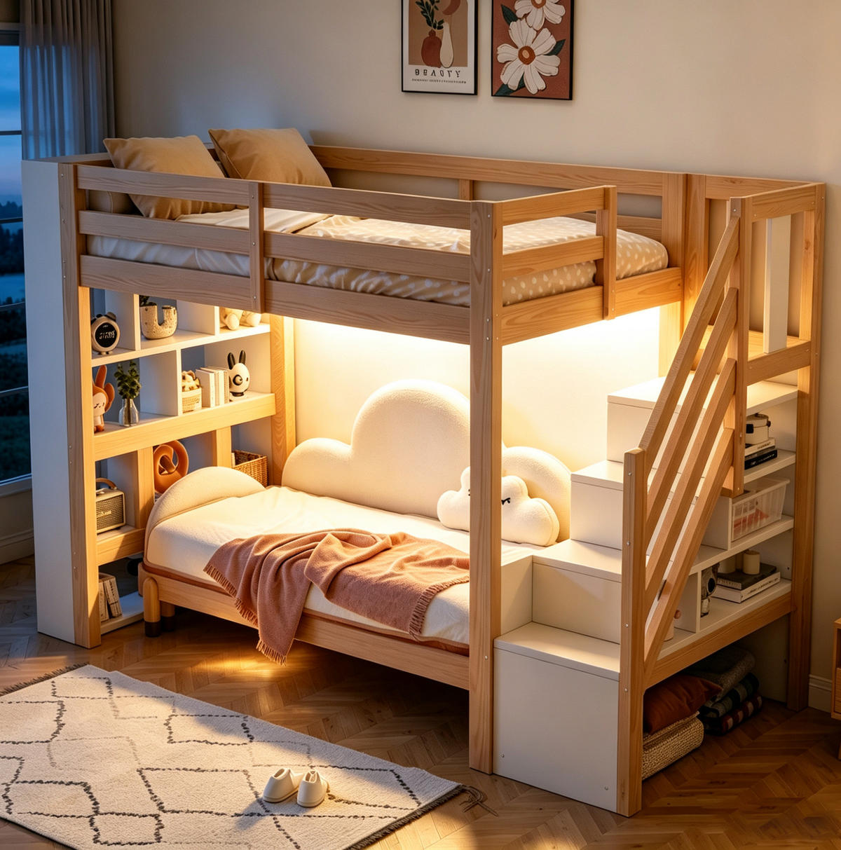 HOCHBETT aus Kiefernholz 90x200 cm Natur/Weiß mit Stauraumtreppe, Regalfächern und LED-Beleuchtung - Weiß, Holz (90/200cm) - Modfu