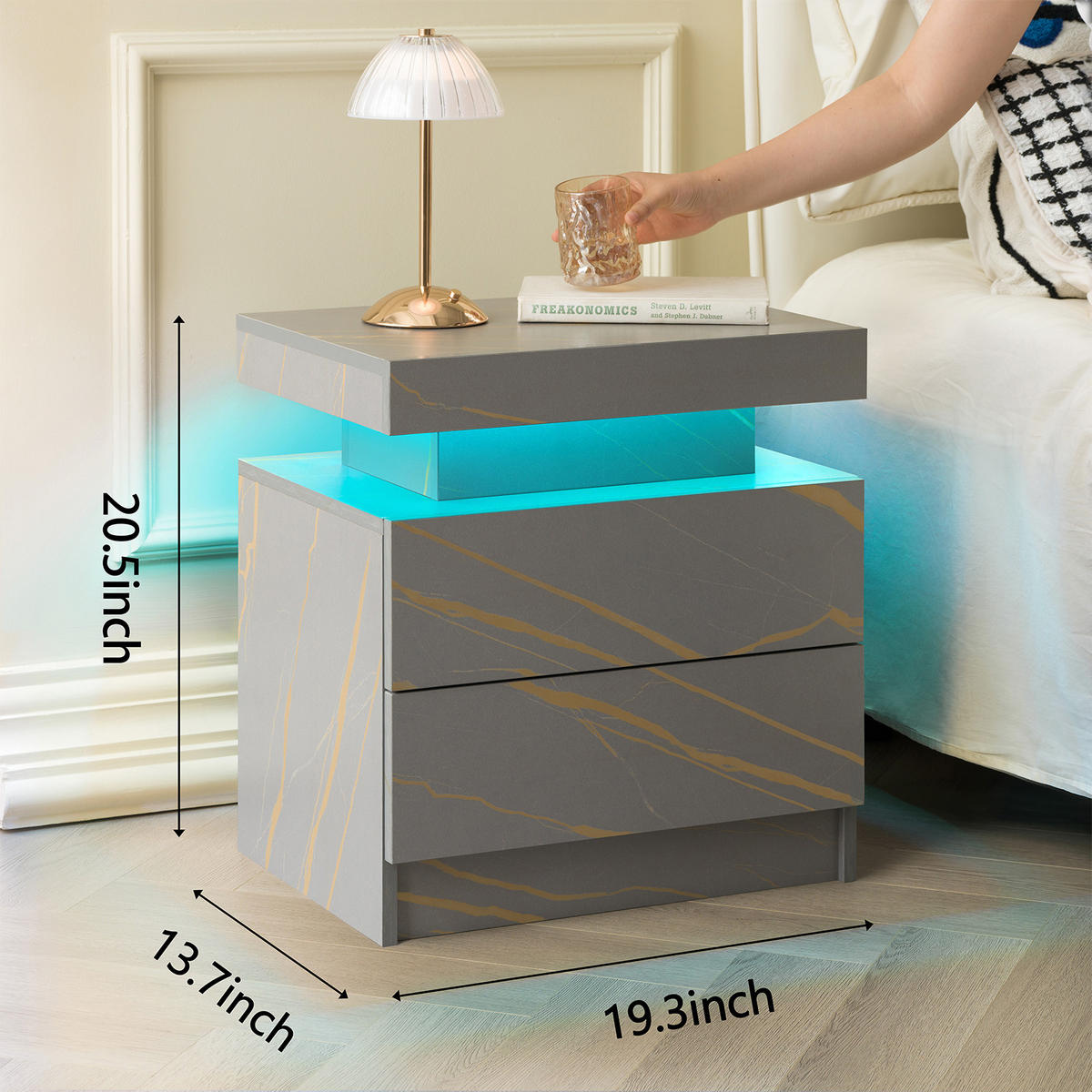 NACHTTISCH 50/53/36 cm Grau und Gold aus Holzwerkstoff mit LED-Beleuchtung und 2 Schubladen - Grau, Holzwerkstoff (53/36/50cm) - OKWISH