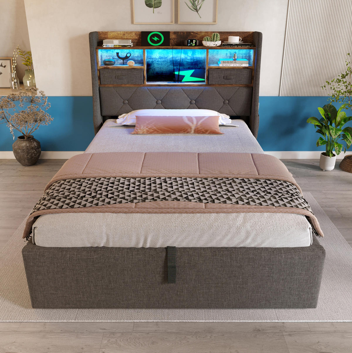 POLSTERBETT aus Leinen 90x200 cm in Grau mit Stauraum, LED & Ladestation - Grau, Textil (90/200cm) - Modfu