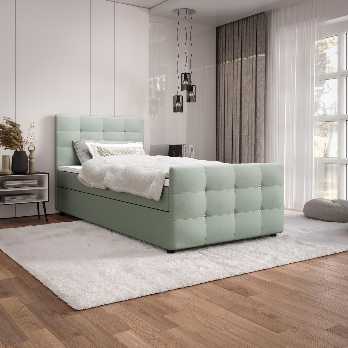BOXBETT KLEO mini 90x200, mit Matratze H3 und Topper, Cosmic 16 - Hellgrün, Holz/Kunststoff (90/200cm) - Bedante