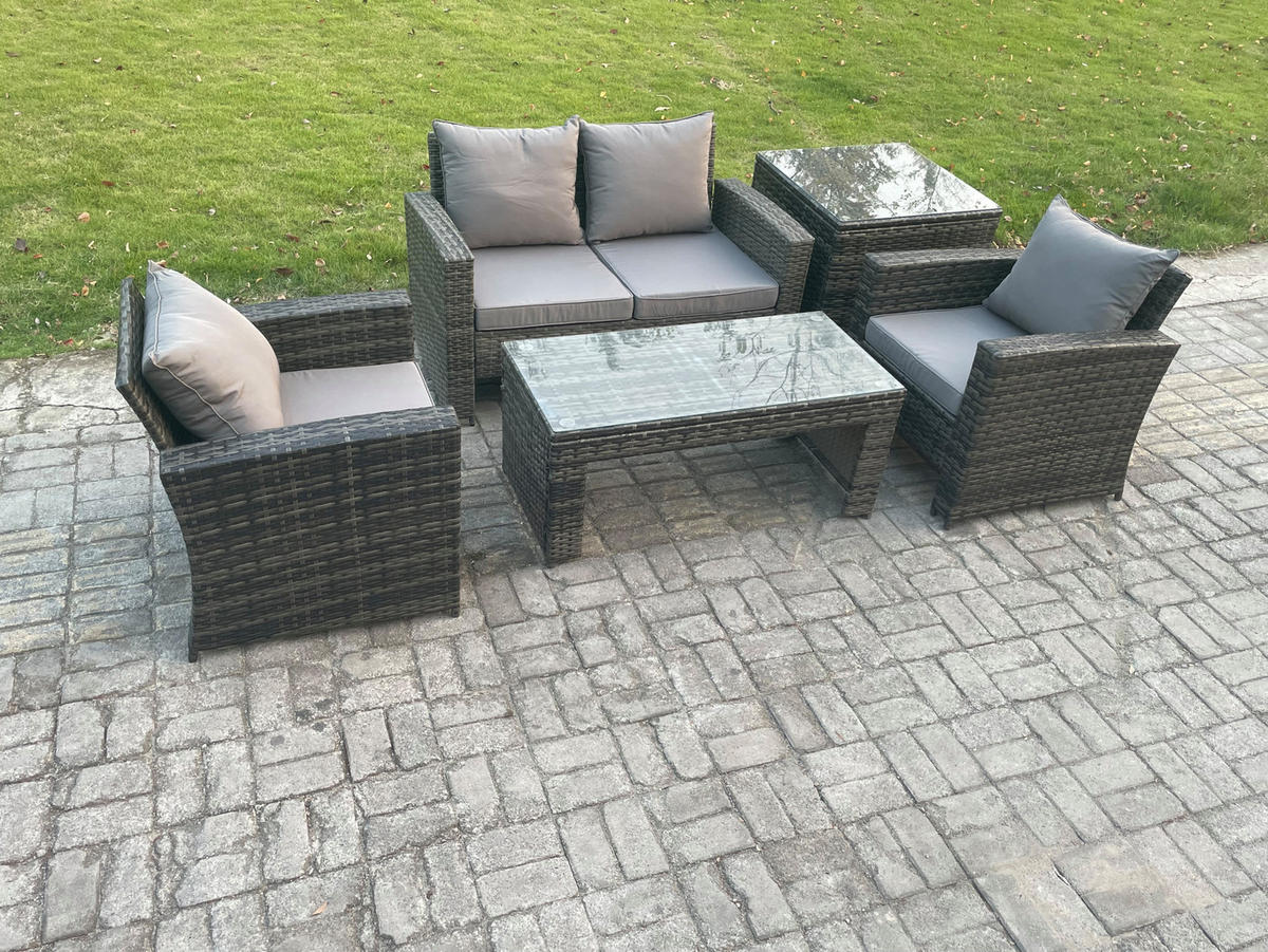 GARTEN-SOFA-SET MIT COUCHTISCH BEISTELLTISCH Polyrattan Dunkelgrau Gemischt 4-Sitzer - Dunkelgrau, Metall - Fimous