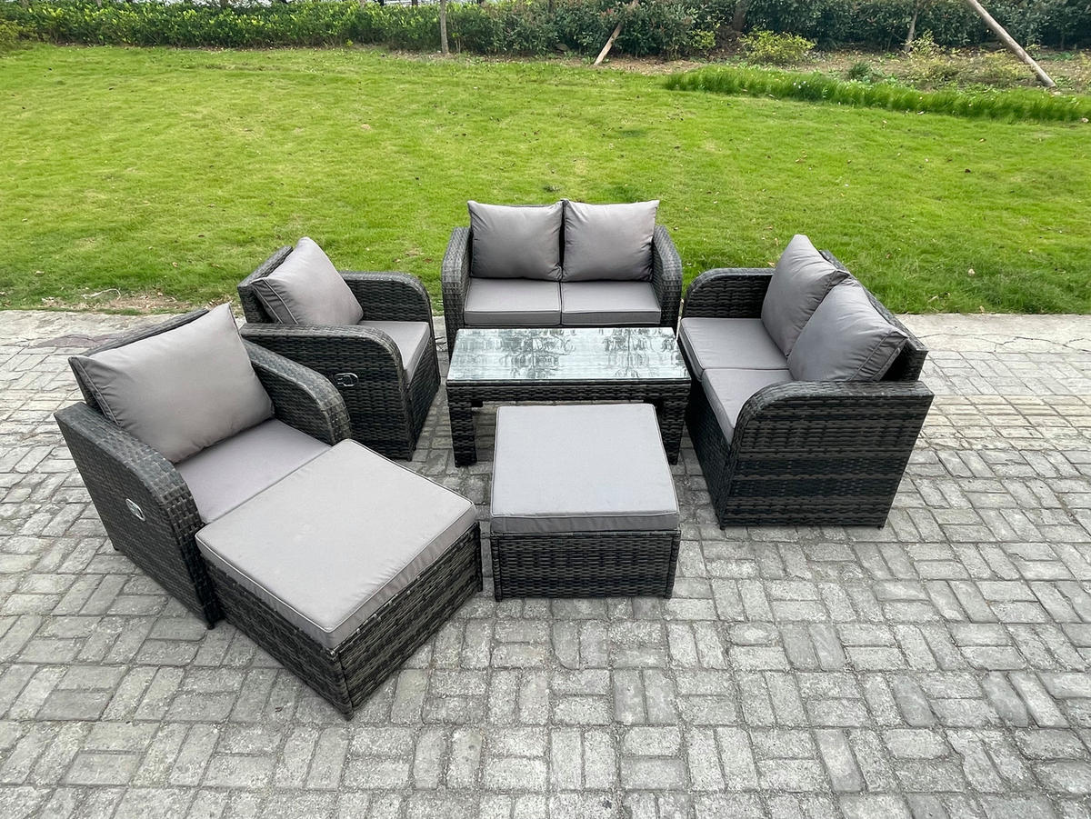GARTENMÖBEL SET mit Sofa Polyrattan 6-Sitzer Dunkelgrau - Dunkelgrau/Grau, Glas/Kunststoff - Fimous