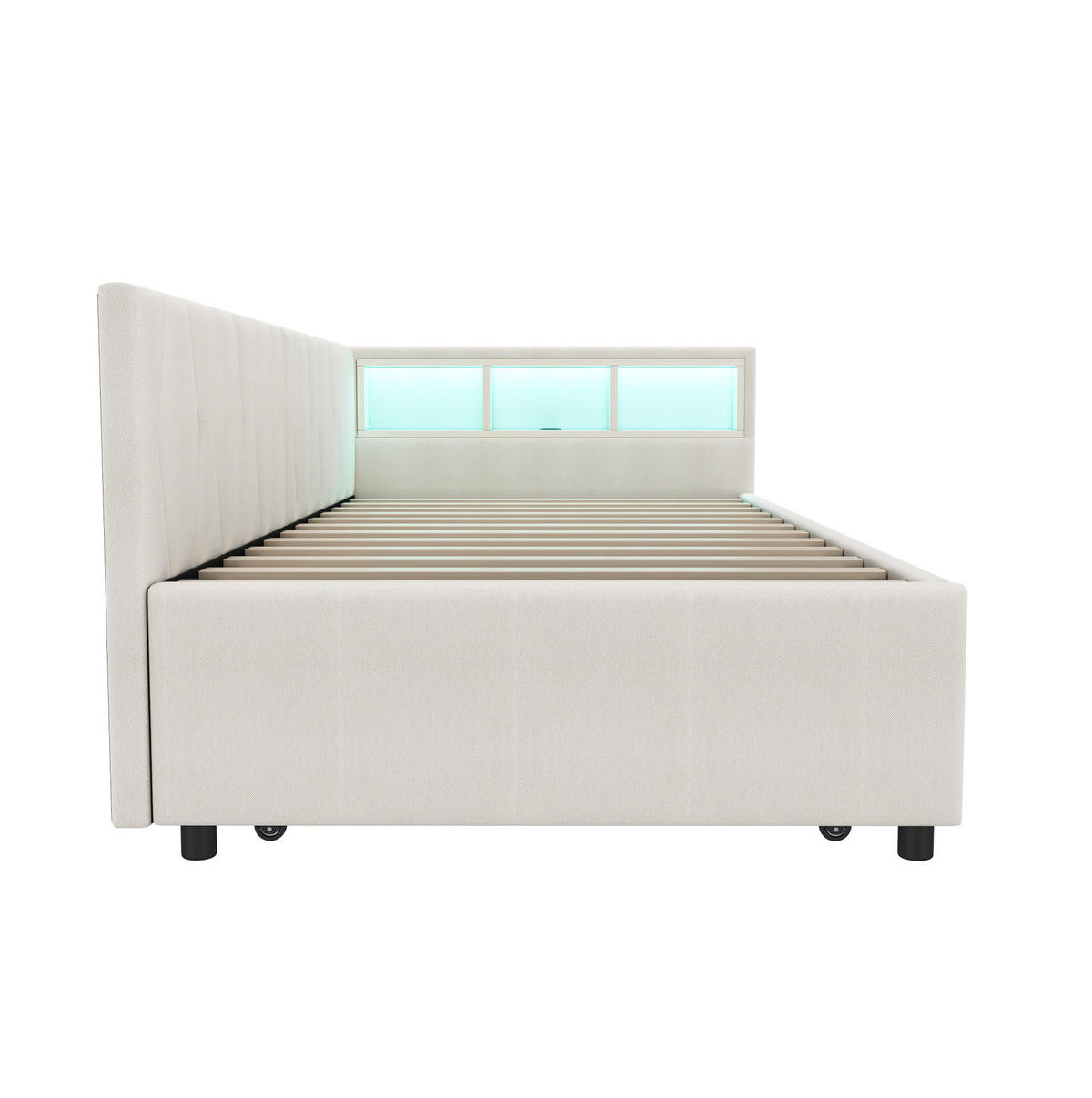 DNEVNI krevet 90/200 cm bež od lana i MDF-a s izvlačnim ležajem USB Type-C i LED rasvjetom - bež, tekstil (90/200cm) - OKWISH