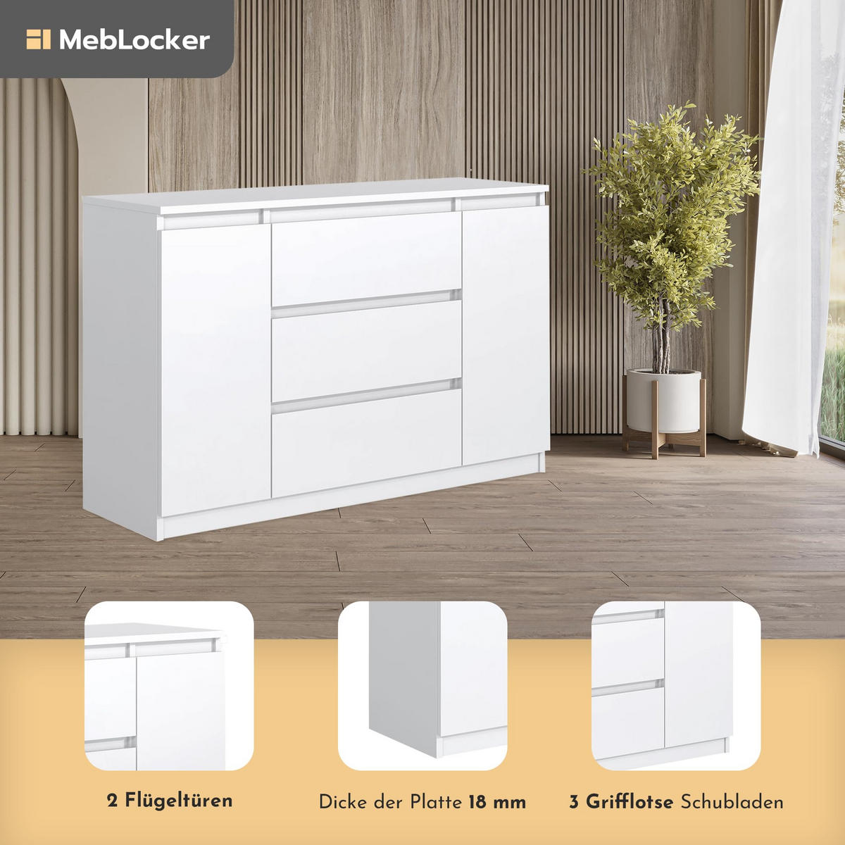 KOMMODE mit 3 Schubladen 2 Schranktüren 120 cm Weiß - Weiß, Holzwerkstoff (120.4/78.2/39cm) - MebLocker