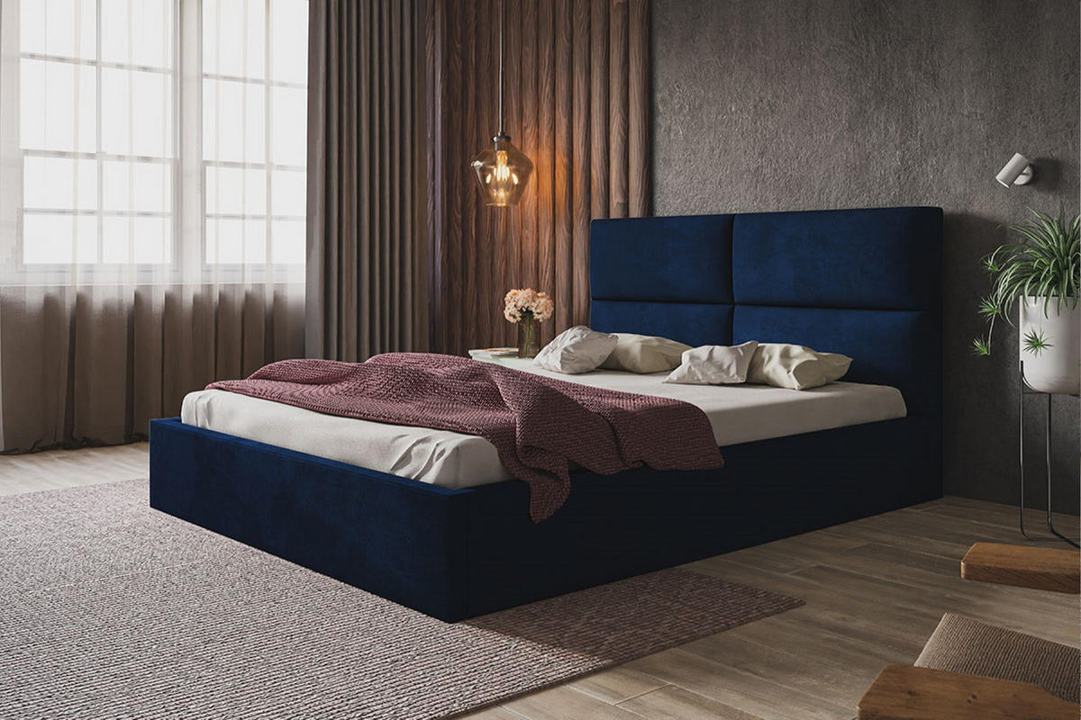 POLSTERBETT LIZBONA SLIM, 180 x 200 cm mit Bettkasten und Lattenrost aus Holz, Farbe: Dunkelblau, Velourestoff - Dunkelblau, Holz/Kunststoff - Alpi-Möbel