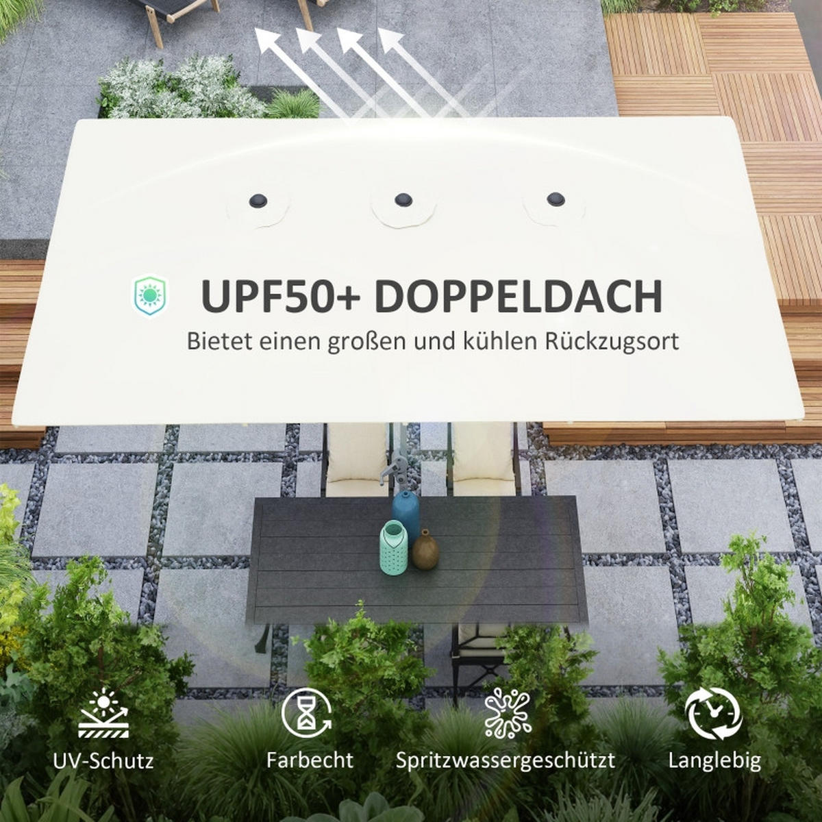 AMPELSCHIRM aus Stahl Ø290x260 cm in Blau mit LED-Solarleuchten & Handkurbel - Blau, Metall (290/290cm) - Modfu