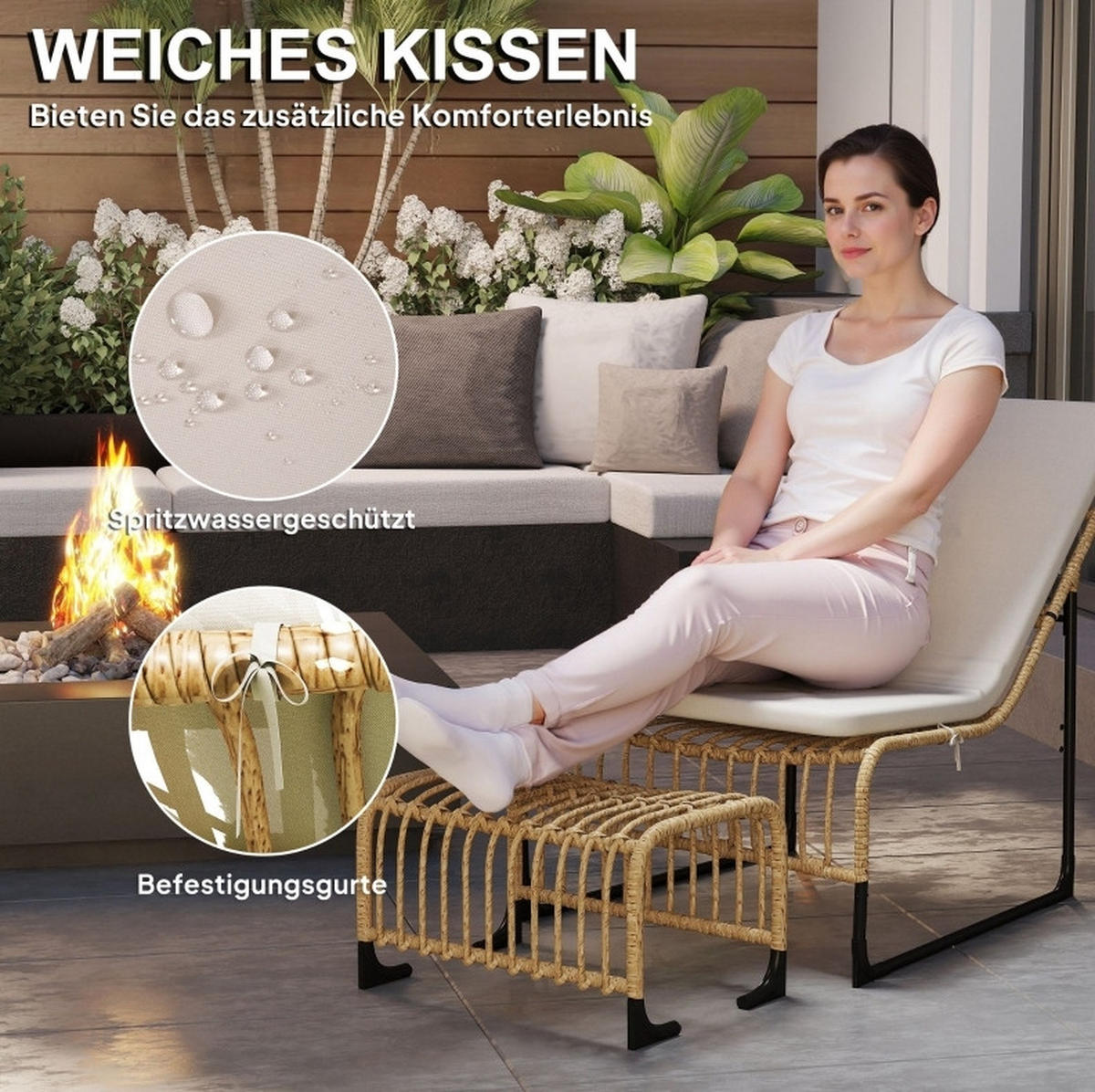 GARTEN-RELAXSESSEL aus Rattan & Metall 65x93x80 cm in Beige mit Fußhocker - Beige, Metall (65/80/96cm) - Modfu