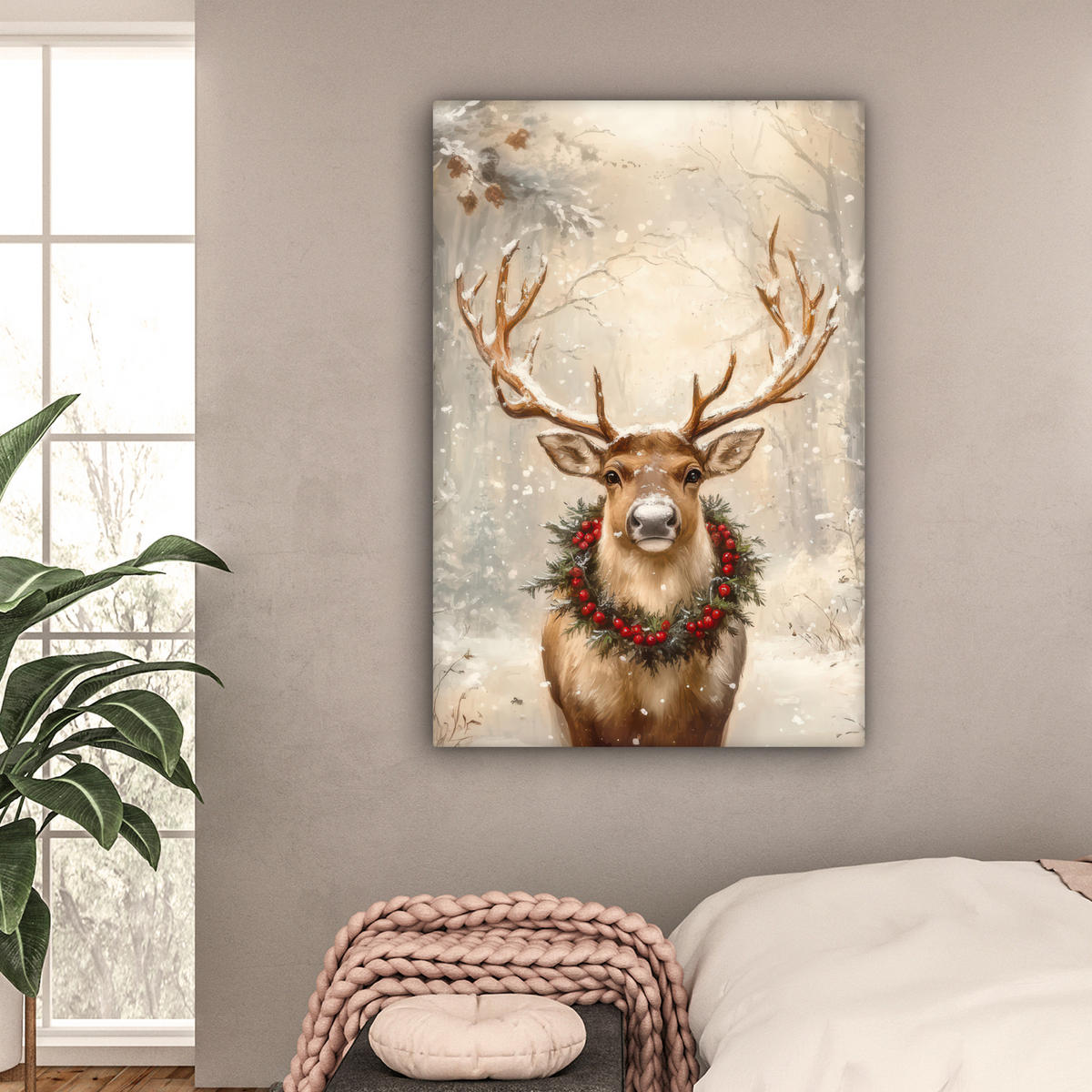 LEINWANDBILD Weihnachten - Rentier - Winter - Kranz Deko Groß 90x140 cm - Braun, Textil (90/140cm) - MuchoWow