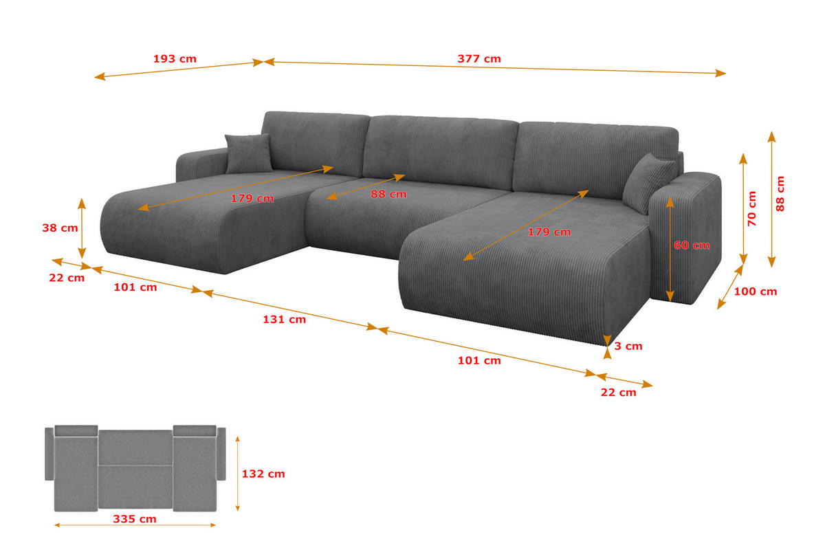 SEDACÍ SOUPRAVA DO U s funkcí spaní a úložným prostorem BERY-U 377x193x88 tmavě šedá manšestr - černá/tmavě šedá, kompozitní dřevo/textil (377/88/193cm) - ALTDECOR