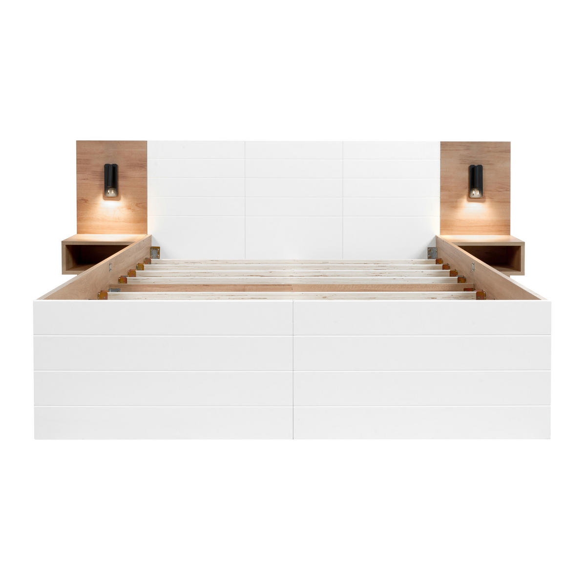 DOPPELBETT 140/200 cm mit USB, Leselampe, 2 Schubladen und Nachttischen aus Massivholz/MDF, Weiß/Eichefarben - Weiß, Holzwerkstoff (140/200cm) - Redom