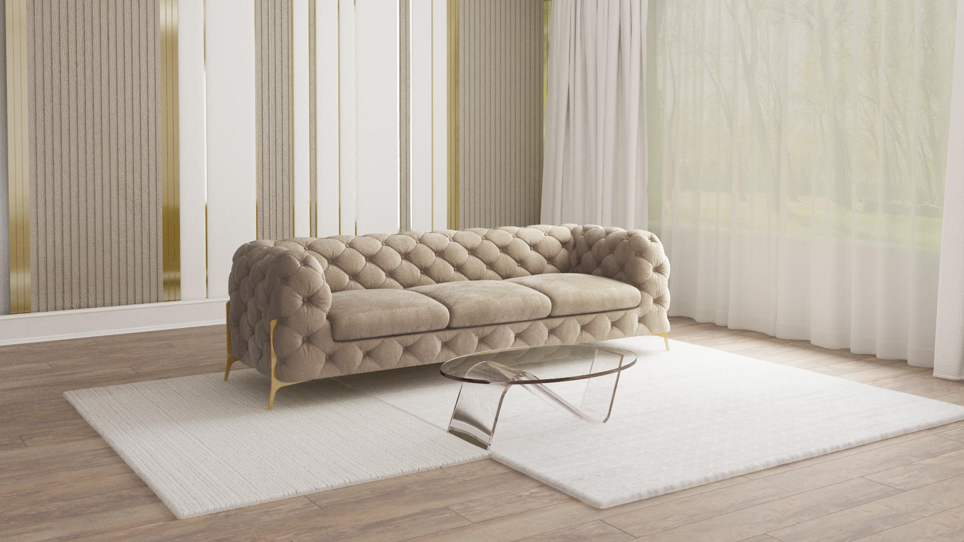 CHESTERFIELD-SOFA 3-Sitzer Lexi Dunkle Creme Samt - Goldfarben/Creme, Holz/Textil (243/75/100cm) - S-Style Möbel