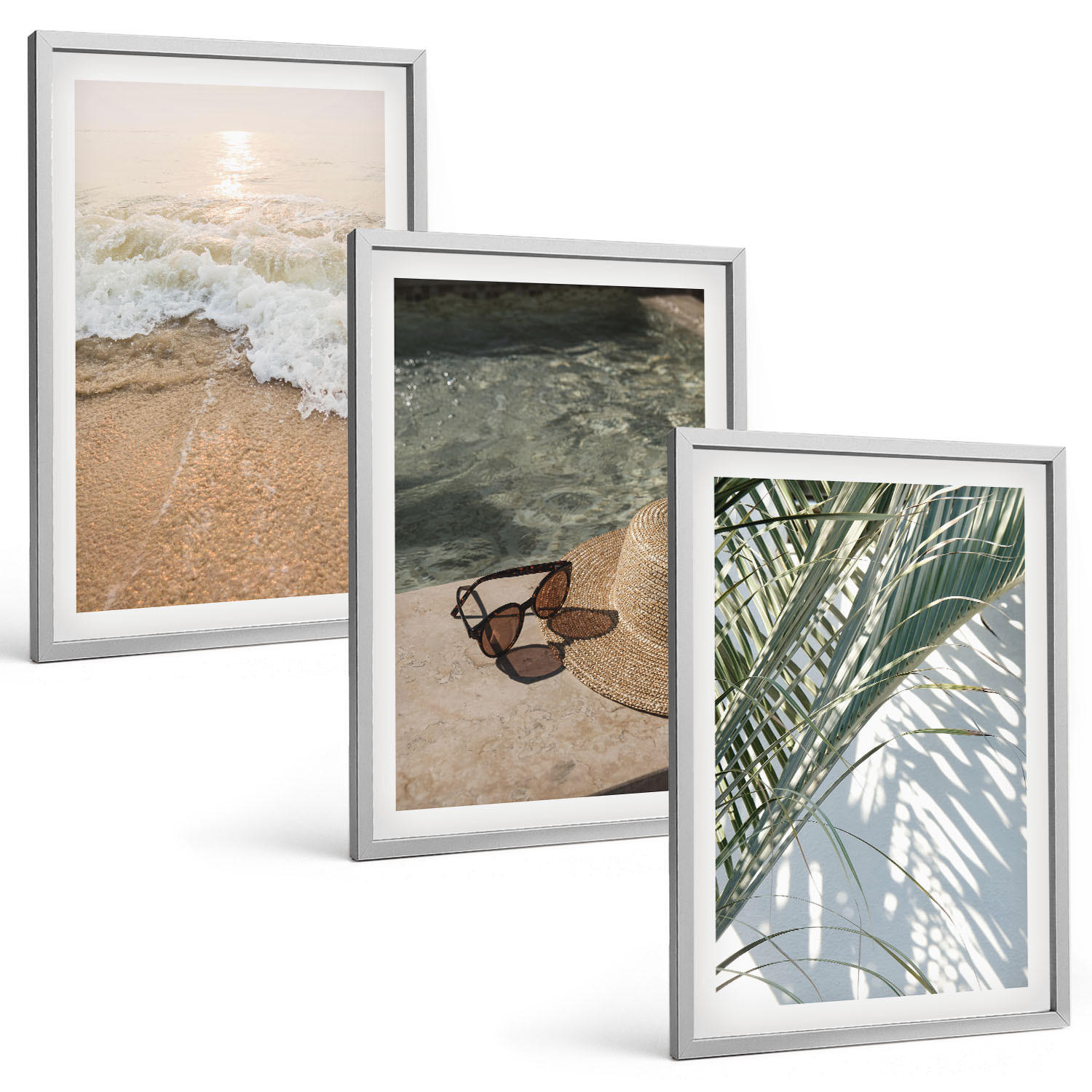 BILDER SET 3er Set - 40x60 cm Silberner Rahmen - Strandhut und Sonnenbrille - Silberfarben, Kunststoff (40/60cm) - TULUP