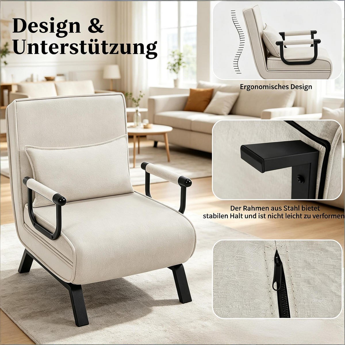 SCHLAFSESSEL 3-in-1, 5-fach verstellbar, DE-42146, Beige - Beige, Metall (75/78/65cm) - ComfortXL