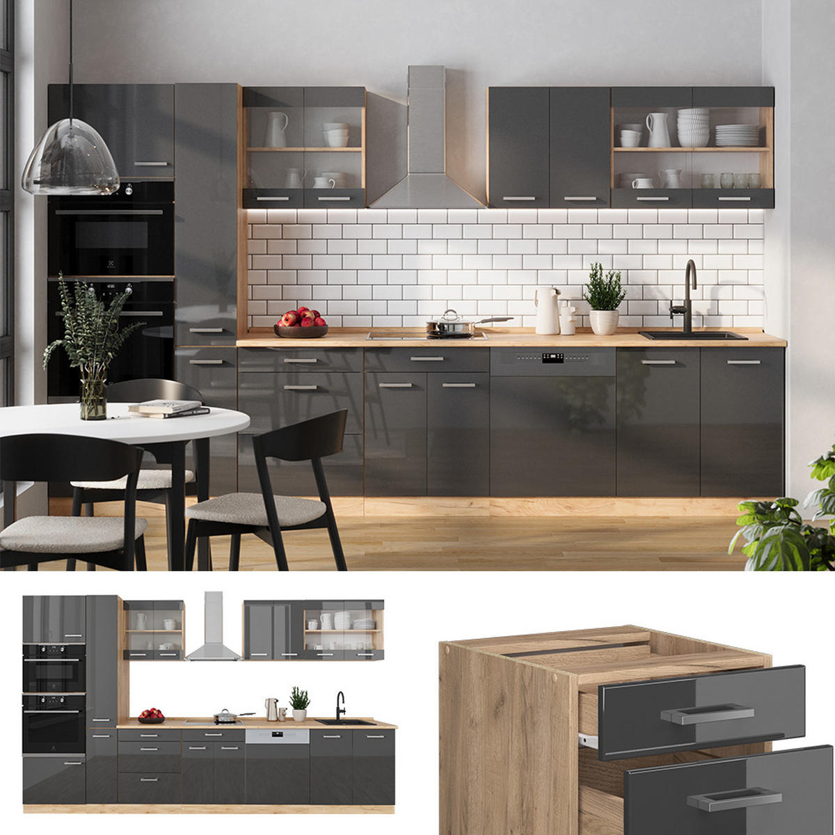 KÜCHENZEILE R-Line Anthrazit Hochglanz/Goldkraft Eiche 350 cm ohne AP - Honigeiche/Anthrazit, Holzwerkstoff (350/81.6/46cm) - Vicco