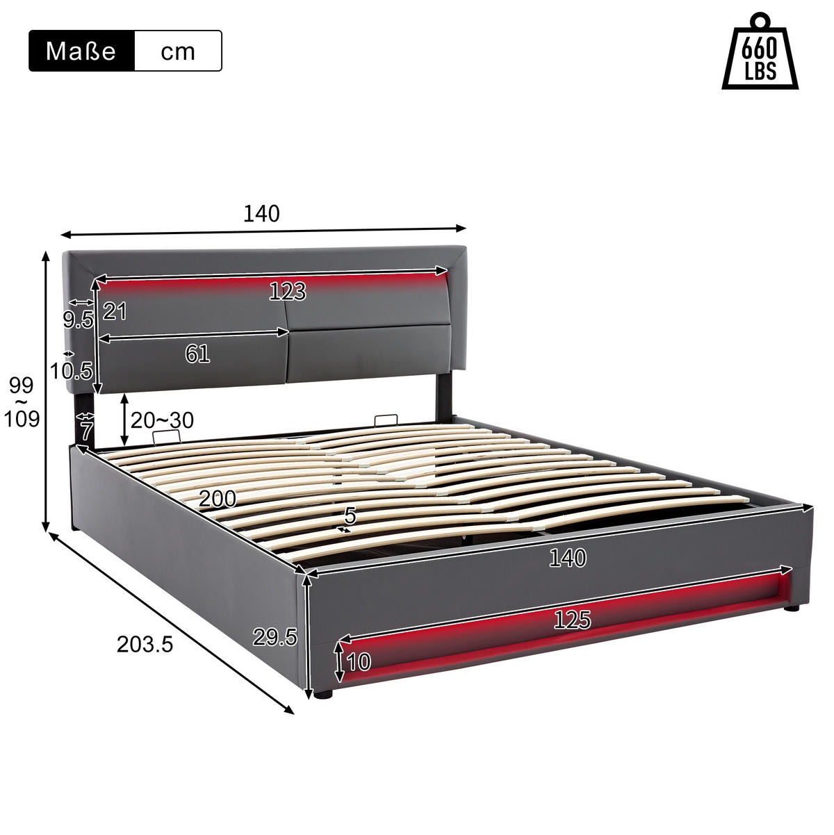 POLSTERBETT mit Stauraum & LED 140x200 cm PU Grau - Grau, Metall (140/200cm) - Meubliv